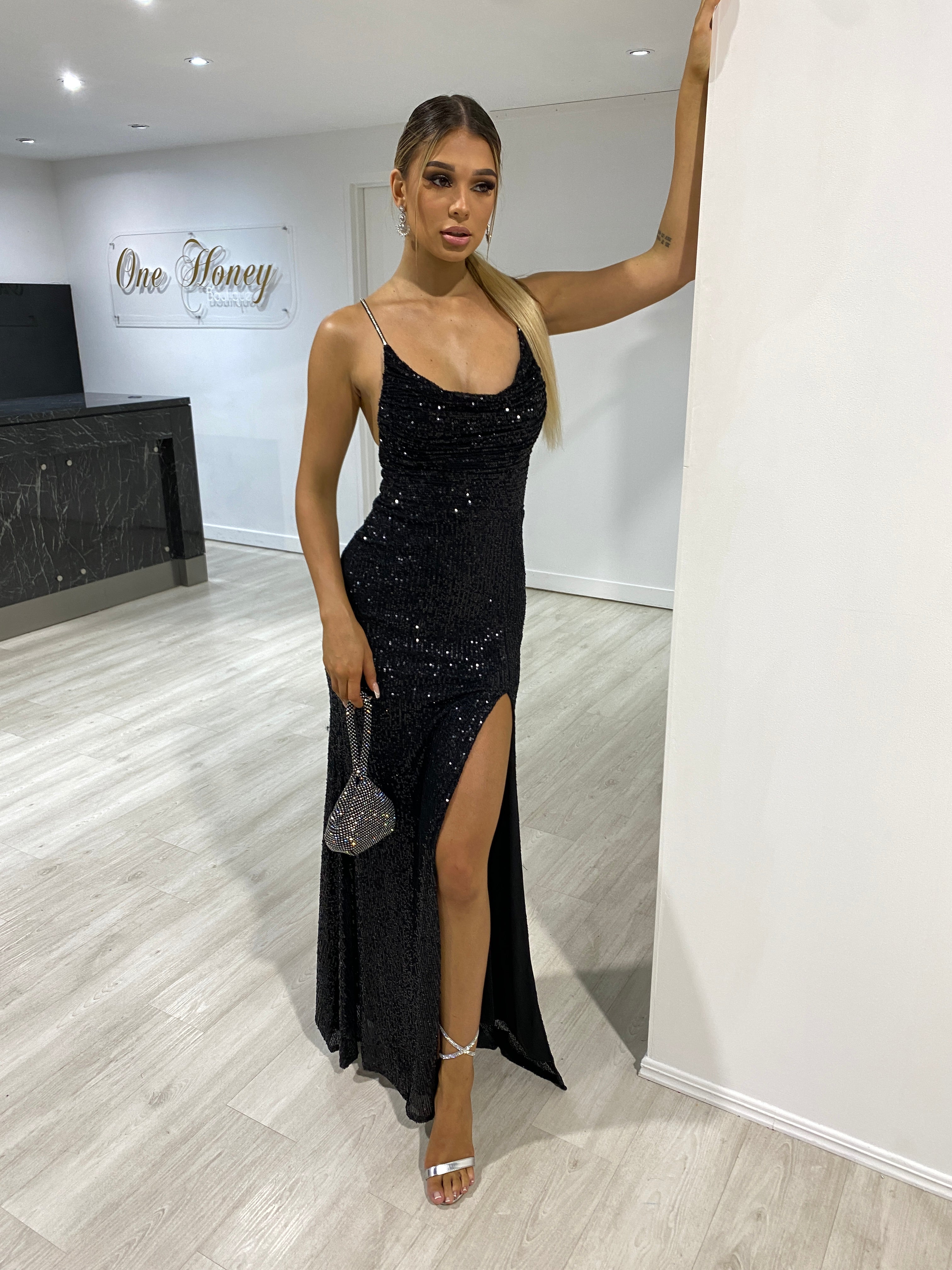 Honey Couture CELESTE Black Diamante Strap Sequin Lace Up Formal Dress