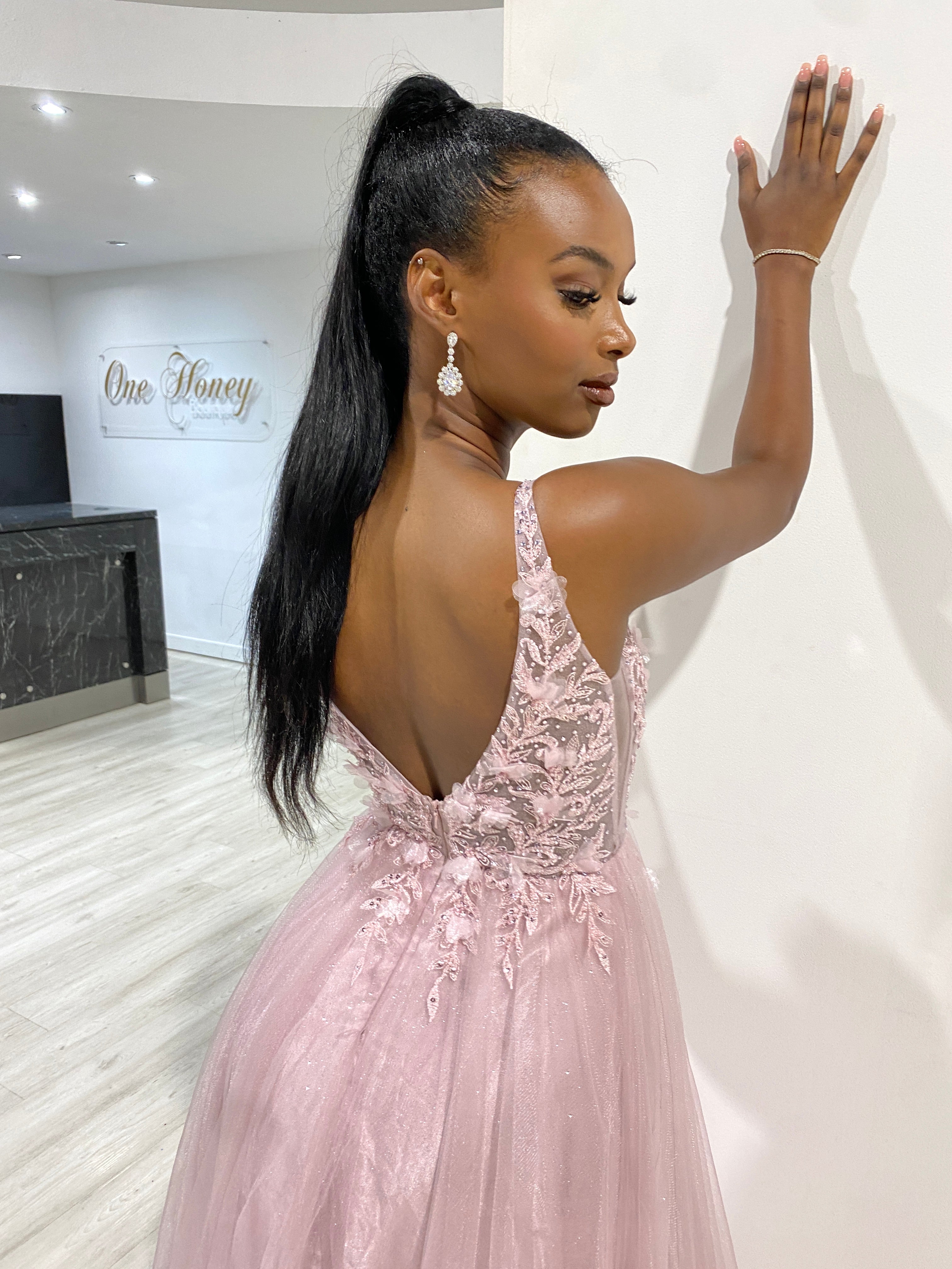 DEMIKA 3D Floral Applique Tulle Formal Gown with lace bodice and open back, evening gown. Brisbane to Gold Coast, Australia.