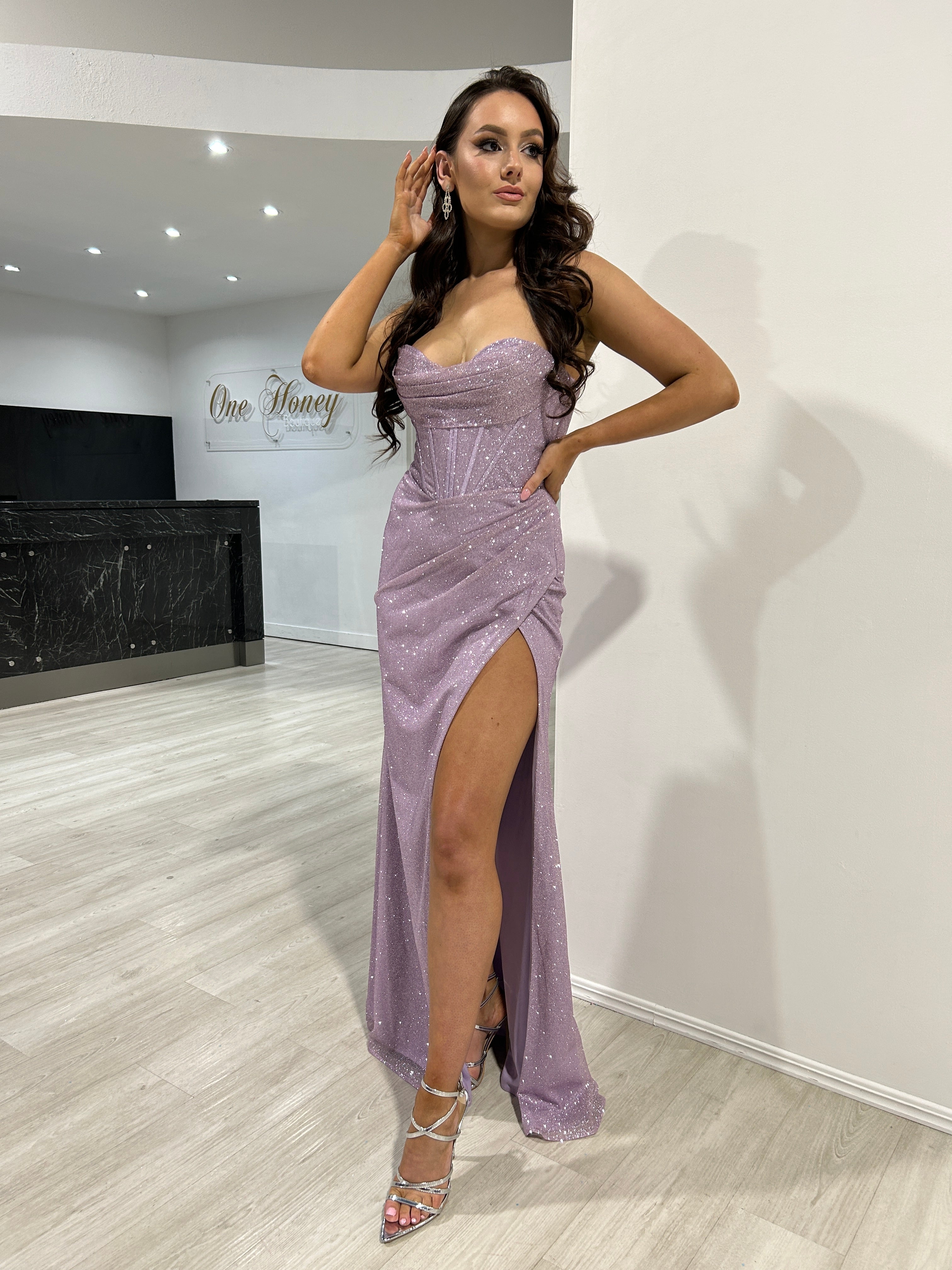 Honey Couture DAYA Lavender Purple Glitter Corset Bustier Mermaid Formal Gown Dress