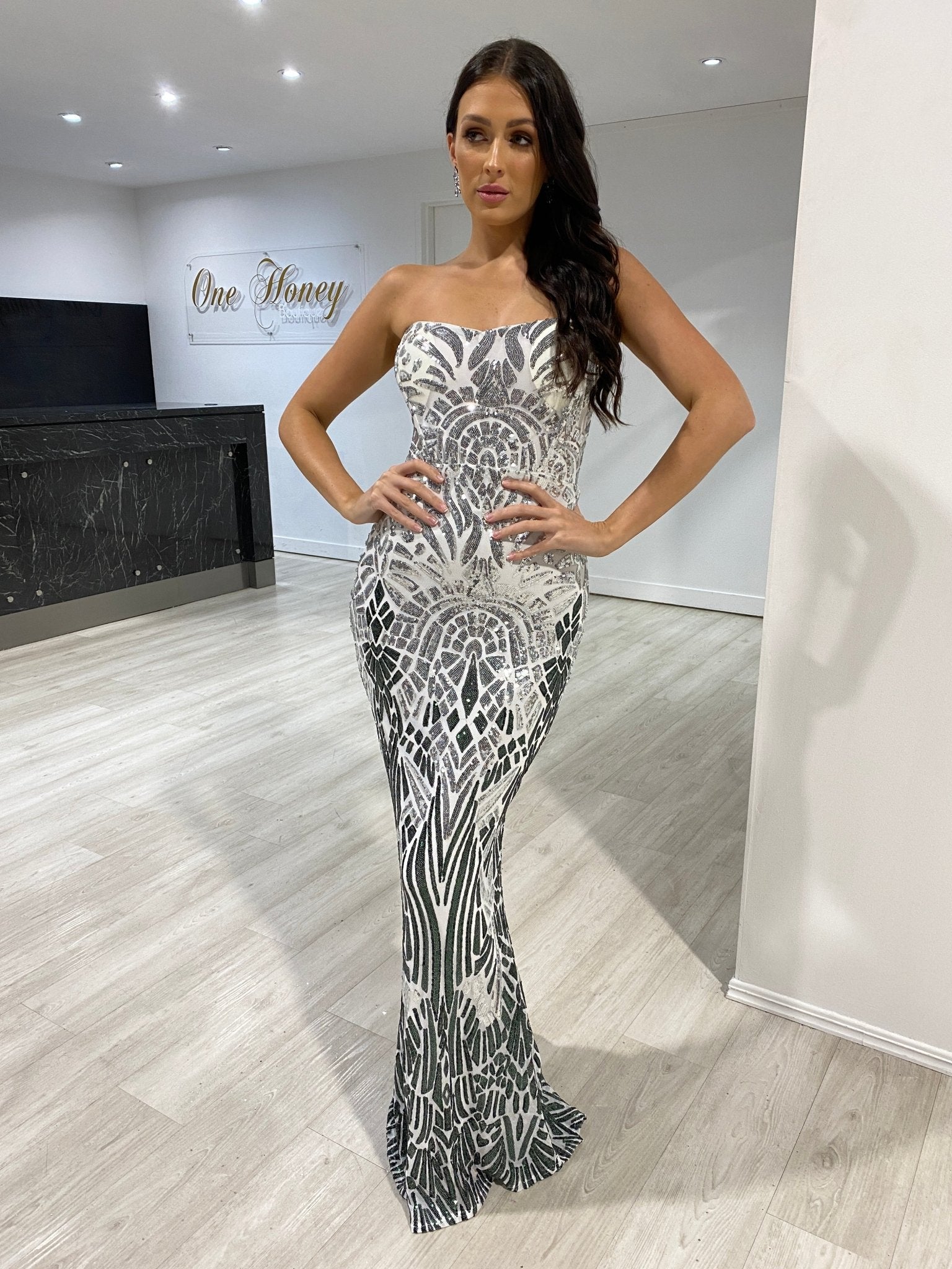 Honey Couture CIENNA White Silver & Black Lace Up Mermaid Formal Dress in Australia | One Honey Boutique