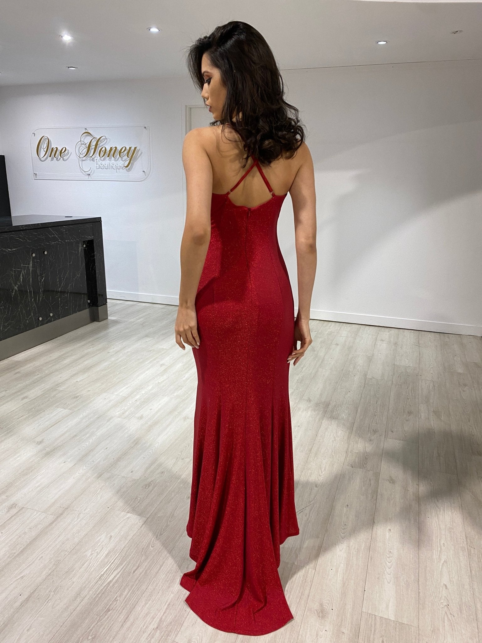 The BELINDA Red Ruching Mermaid Evening Gown Dress in Australia | One Honey Boutique