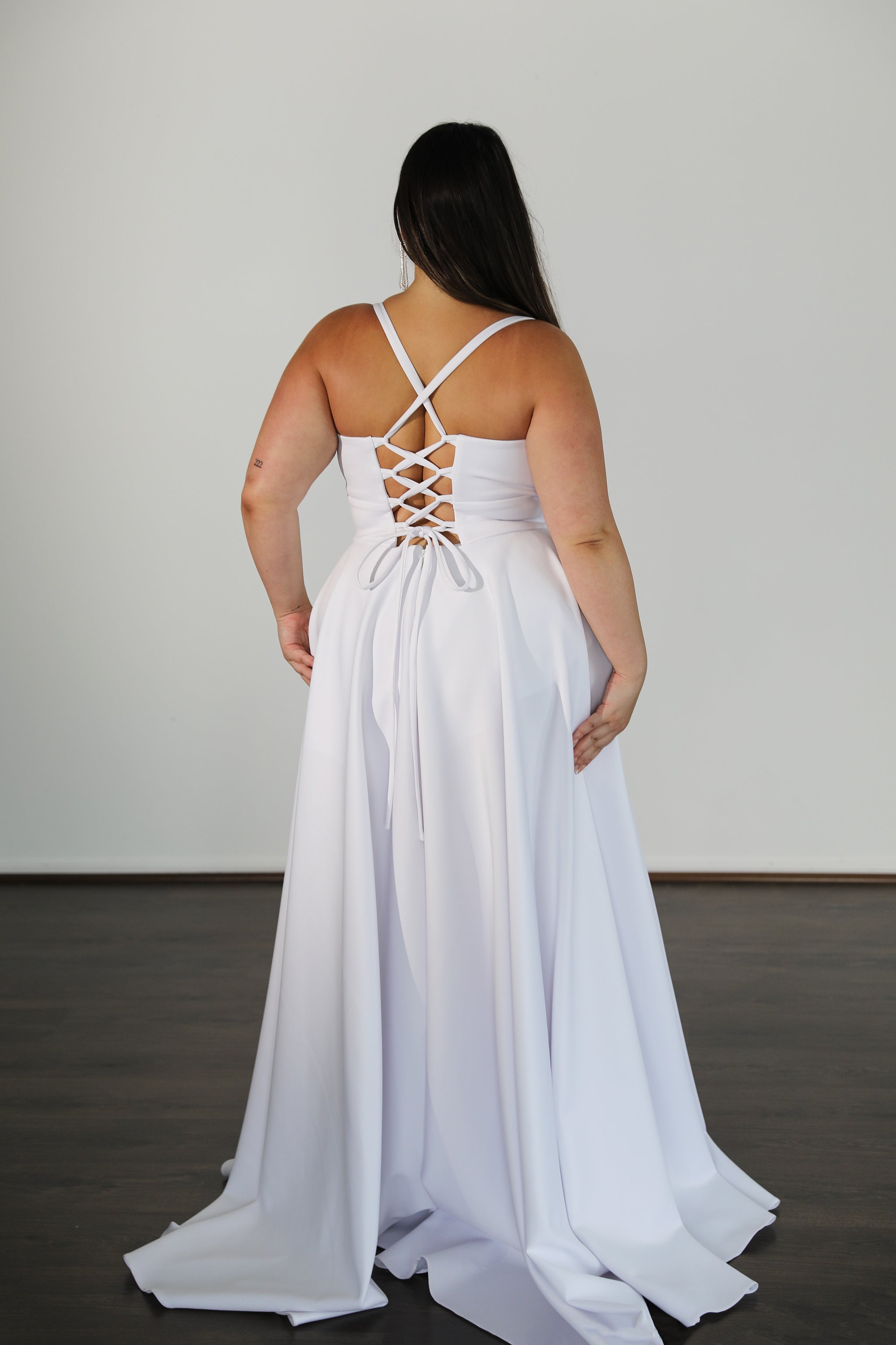 KAT Scuba dress with lace-up back and flowing panels. Plus Size, Curve Size formal dress. Brisbane to Gold Coast, Australia.