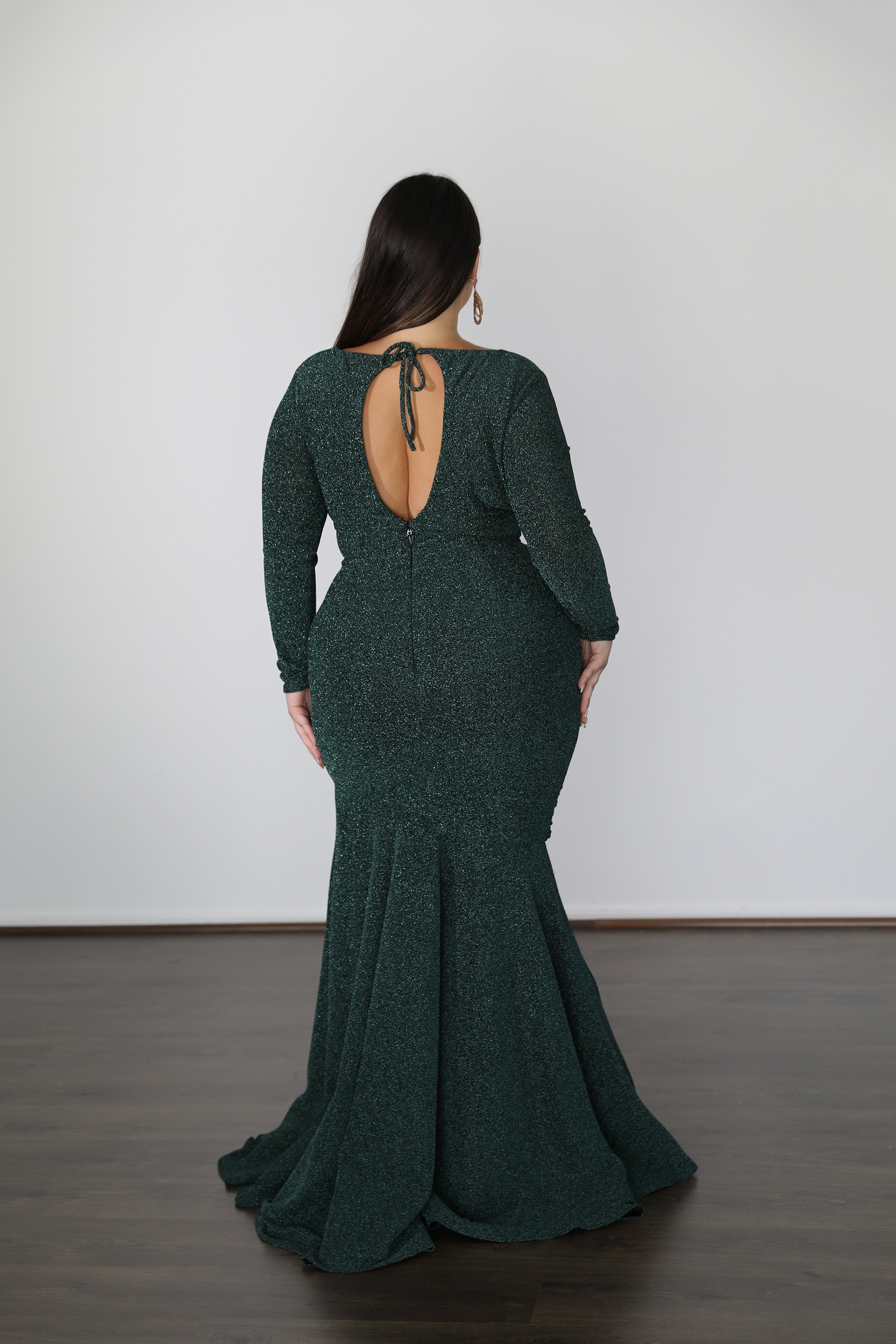 ASHLEY metallic jersey formal dress featuring a captivating wide V-neckline and ruched gathered skirt, Plus Size Brisbane to Gold Coast.