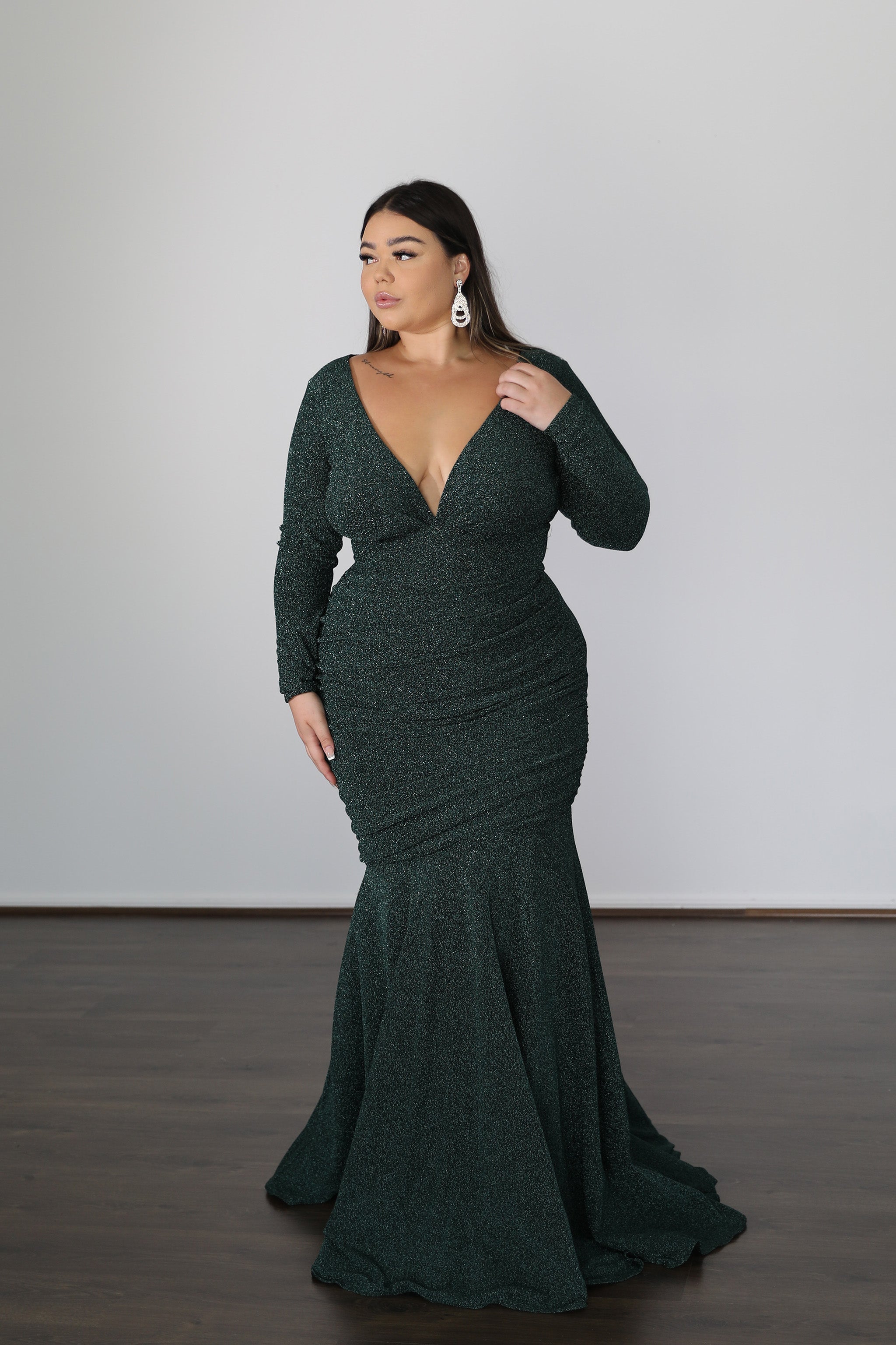 ASHLEY metallic jersey formal dress with wide V-neckline and ruched skirt, Plus Size, Curve Size, Brisbane to Gold Coast, Australia.