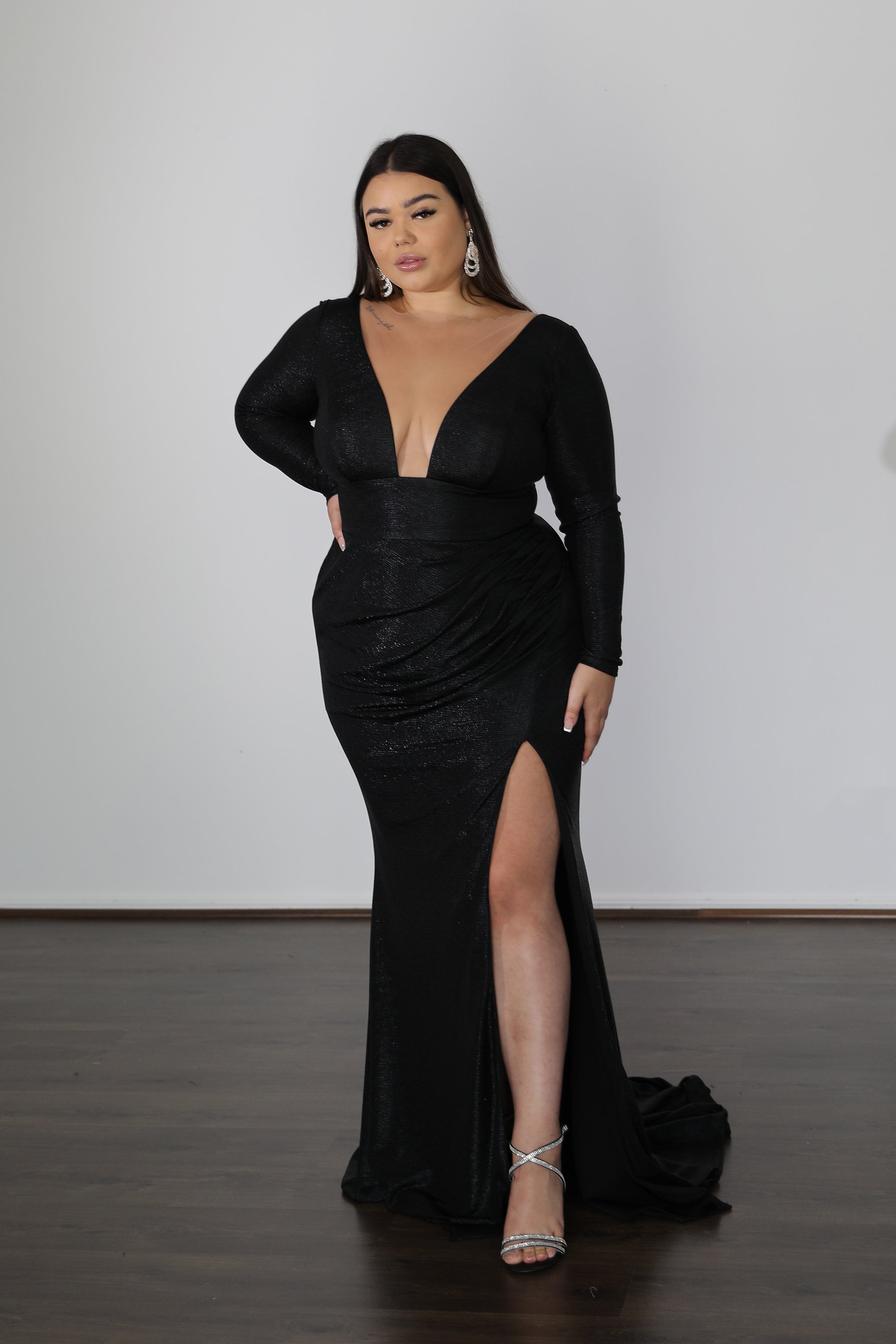 CHELSEA plus size formal dress with plunging V-neckline and thigh-high slit. Curve size evening gown, perfect for special occasions, Brisbane to Gold Coast.