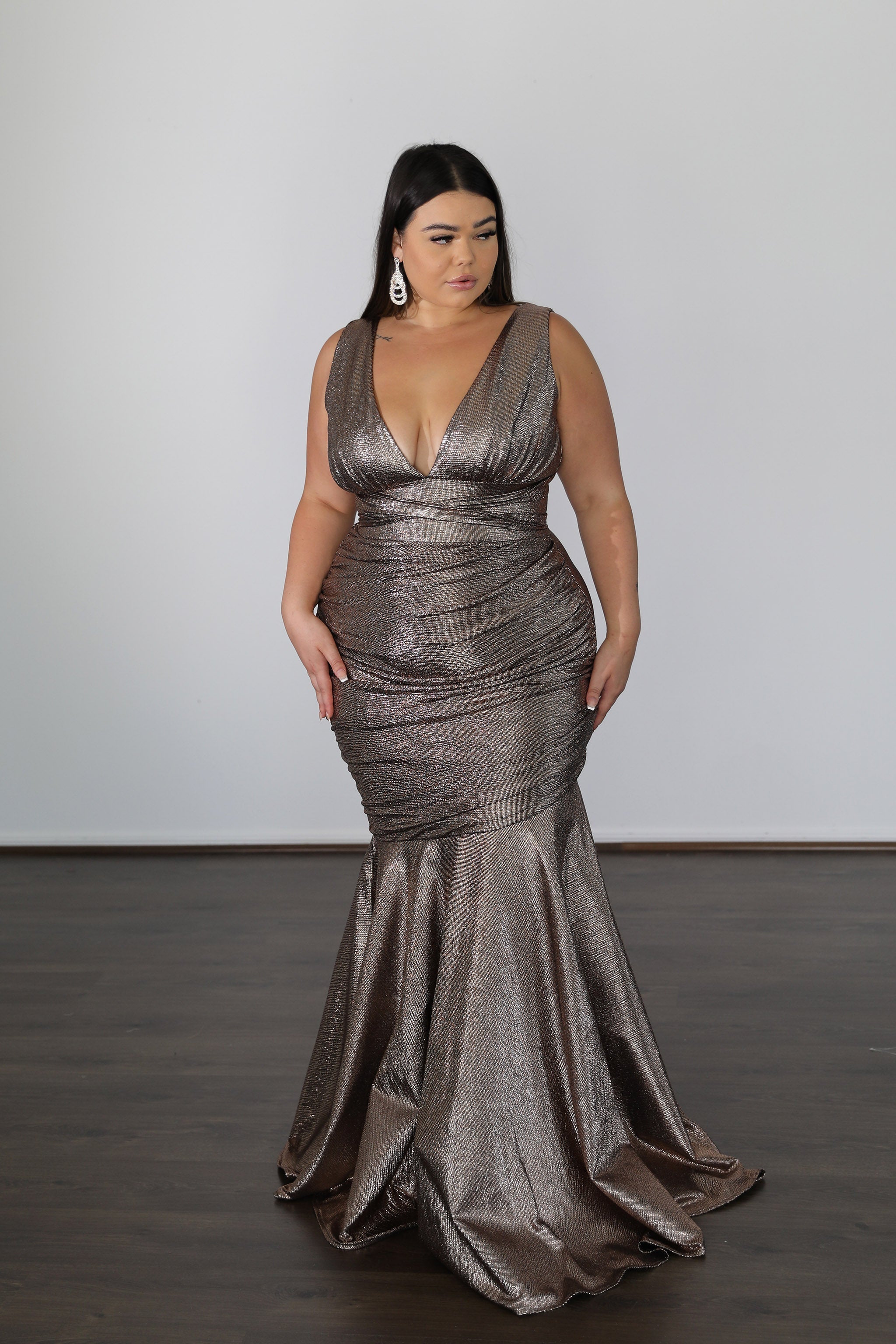 RYLEY Stretch Shimmer school formal dress with daring V neckline and low back, Plus Size, Curve Size, Brisbane to Gold Coast, Australia.