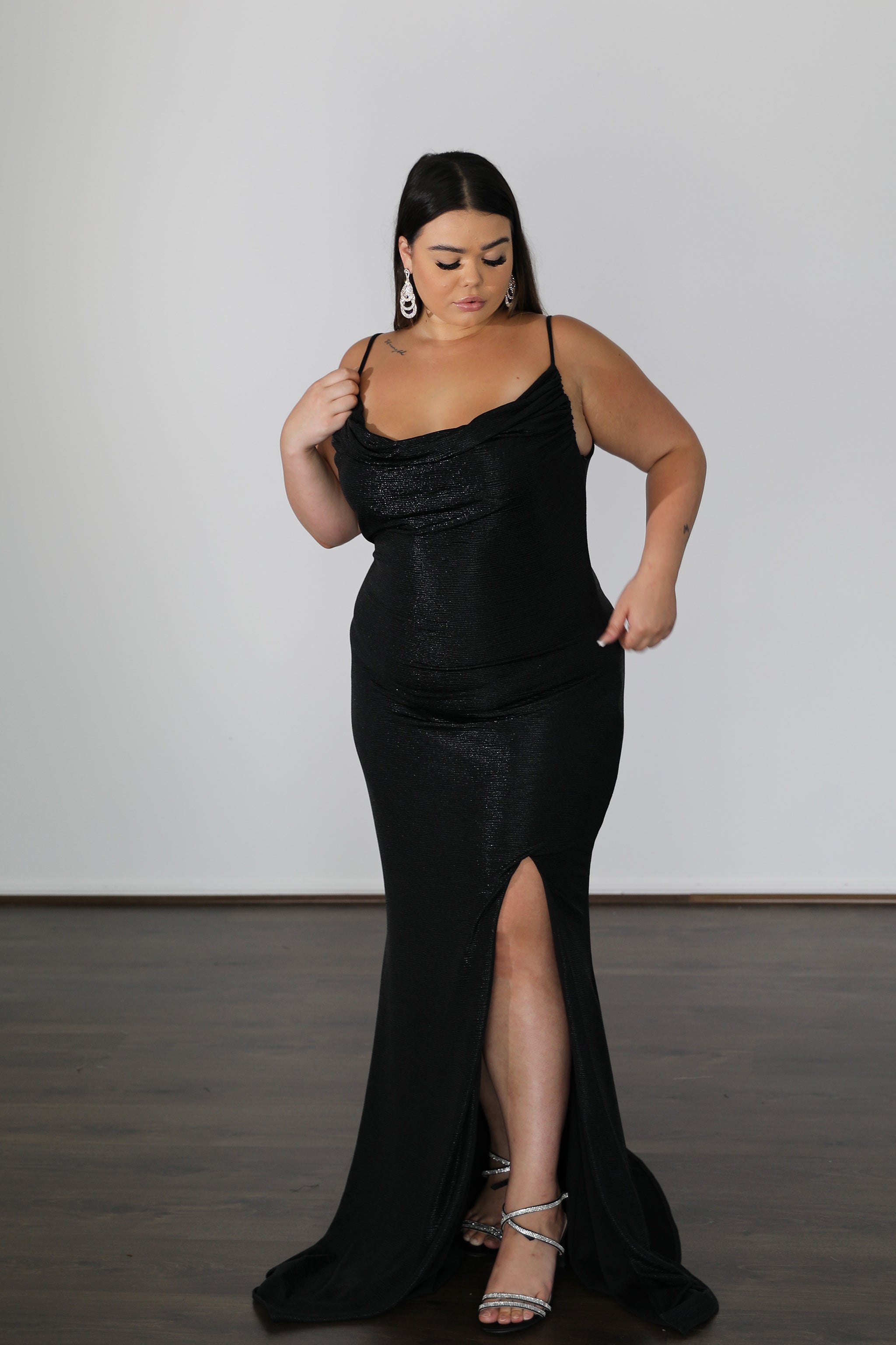 ISSY Stretch Shimmer black school formal dress with cowl neckline and thigh-high slit, Plus Size, Curve Size. Brisbane to Gold Coast, Australia.