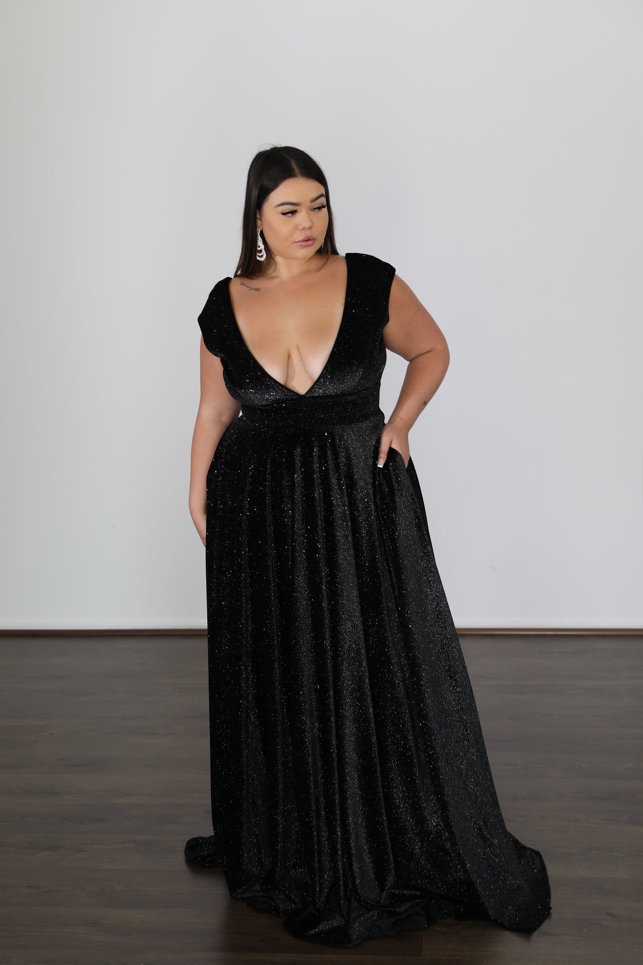 SABRINA Glittery velvet school formal dress with V neckline and cap sleeves, Plus Size, Curve Size, Brisbane to Gold Coast, Australia