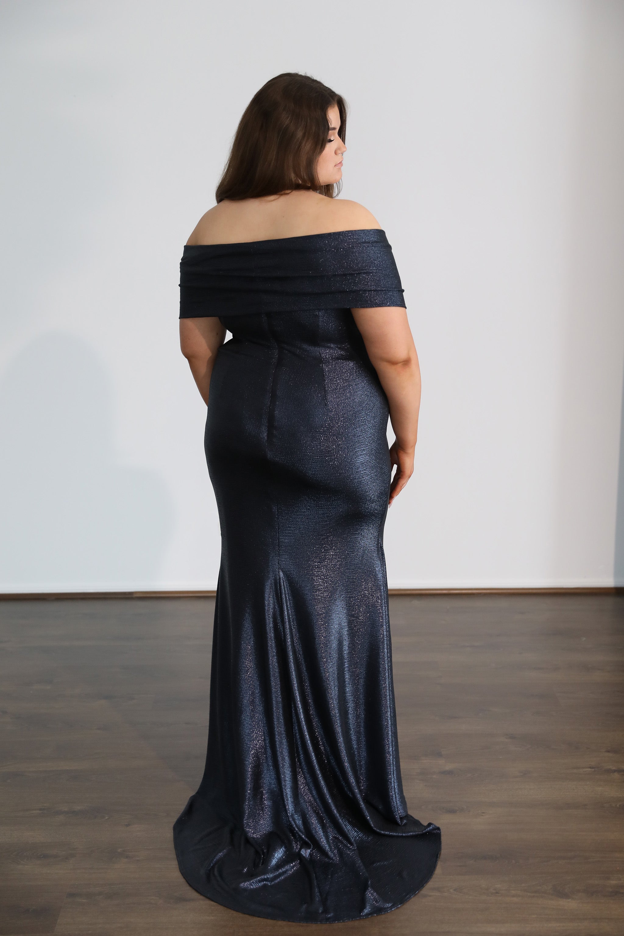 FOREVER shimmer off-shoulder evening gown with fitted silhouette, perfect for plus size elegance. Curve size. Brisbane to Gold Coast.