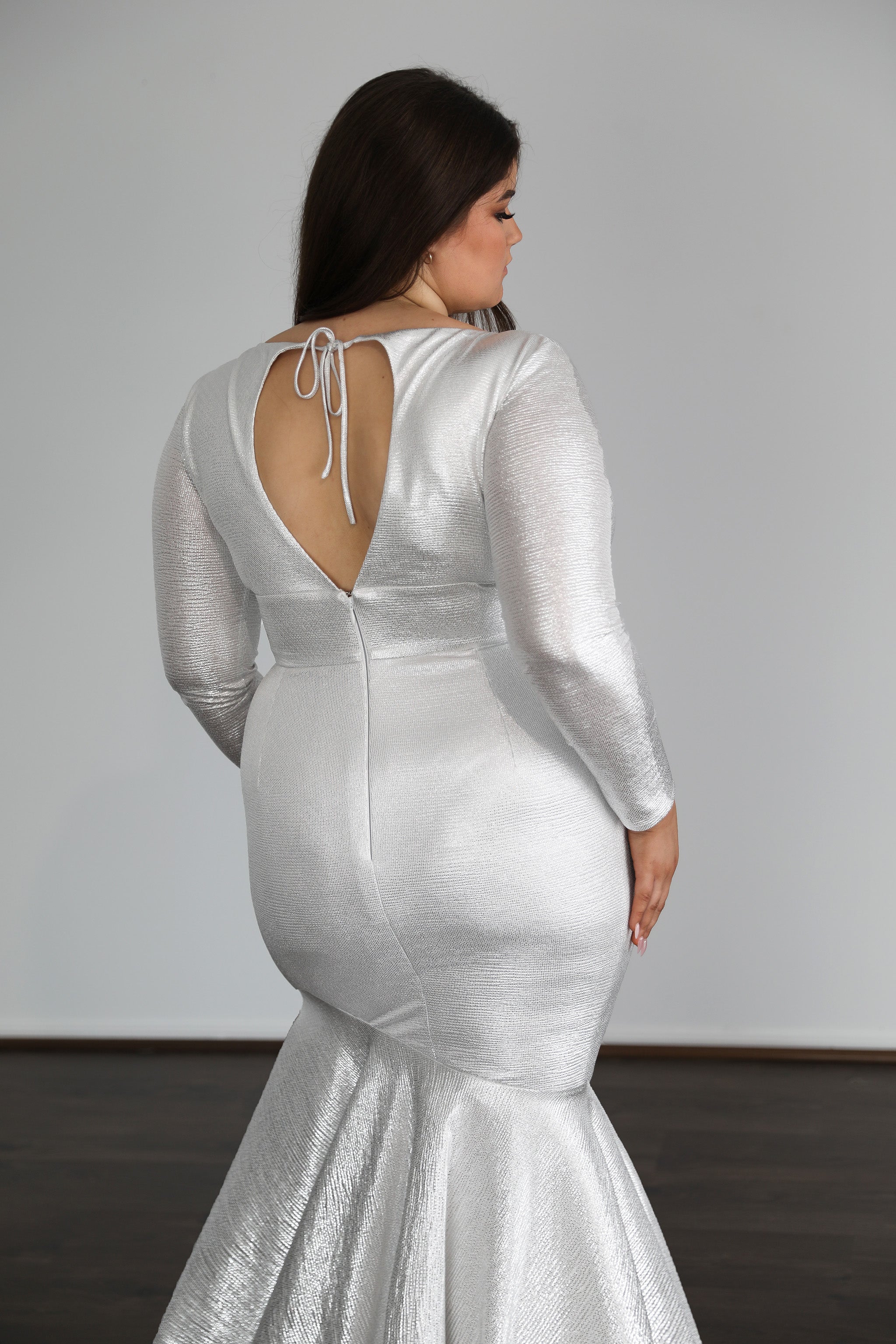 ASHLEY Plus Size Shimmer Dress with low V back and ruched design, perfect for formal events. Curve Size. Brisbane to Gold Coast, Australia.