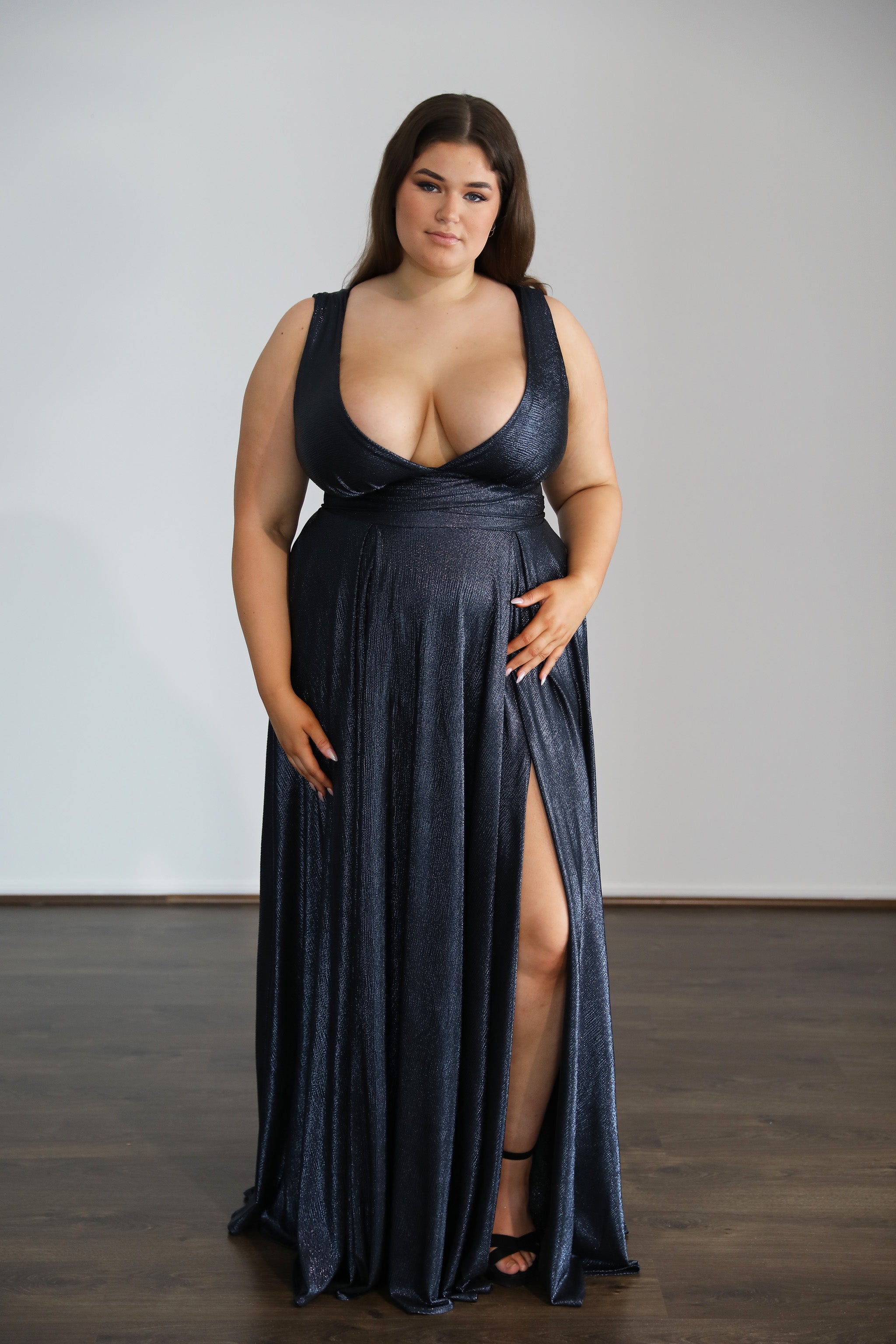 LEXA Stretch Shimmer school formal dress with plunging V-neckline and pleated skirt. Plus Size, Curve Size. Brisbane to Gold Coast, Australia.