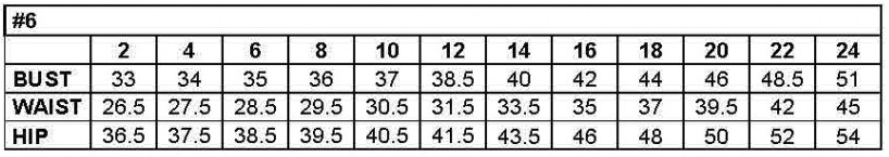 Size chart for bust, waist, and hip measurements from sizes 2 to 24.