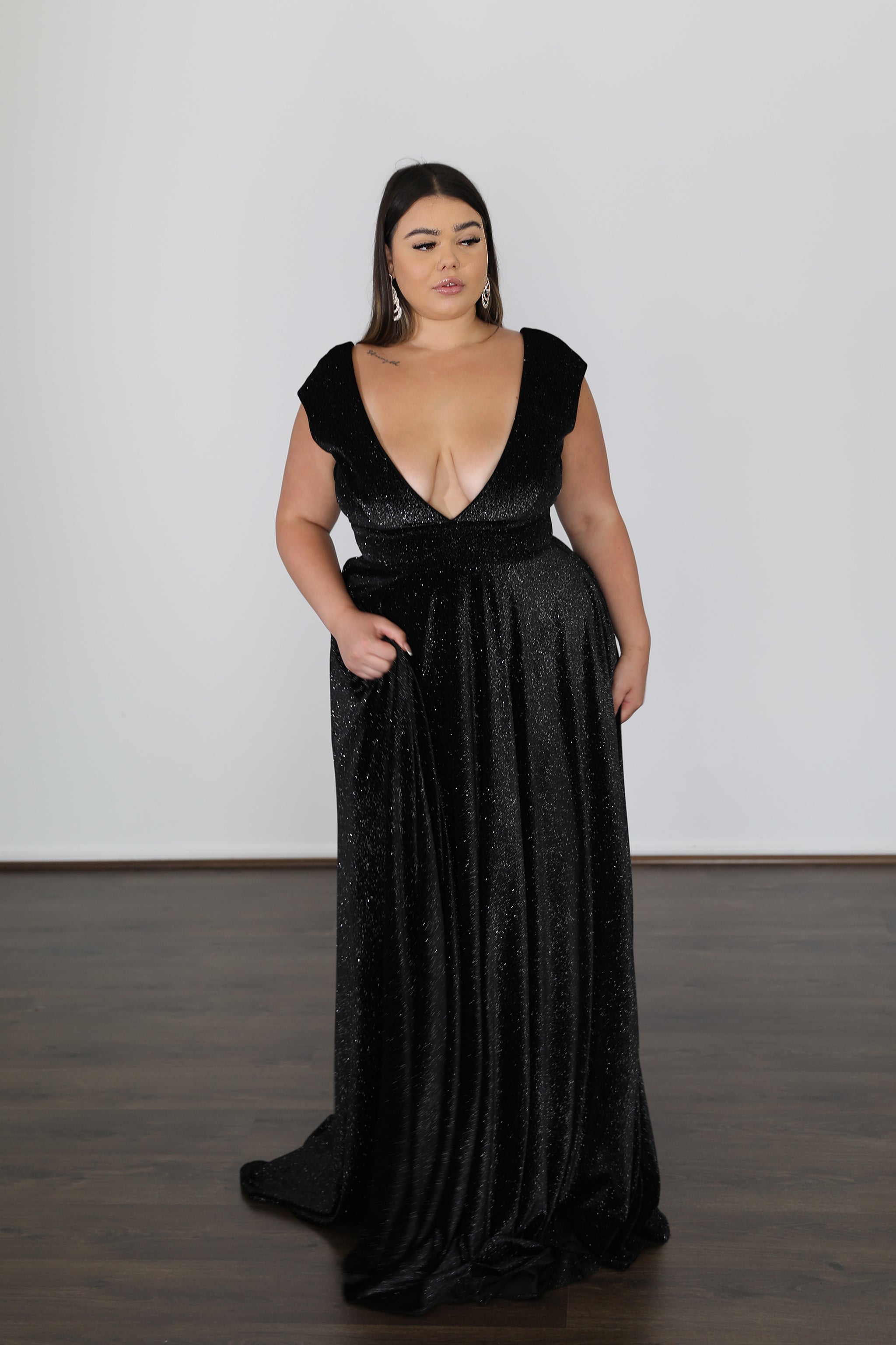 SABRINA glittery velvet school formal dress with wide V neckline and cap sleeves. Plus Size, Curve Size. Brisbane to Gold Coast, Australia.