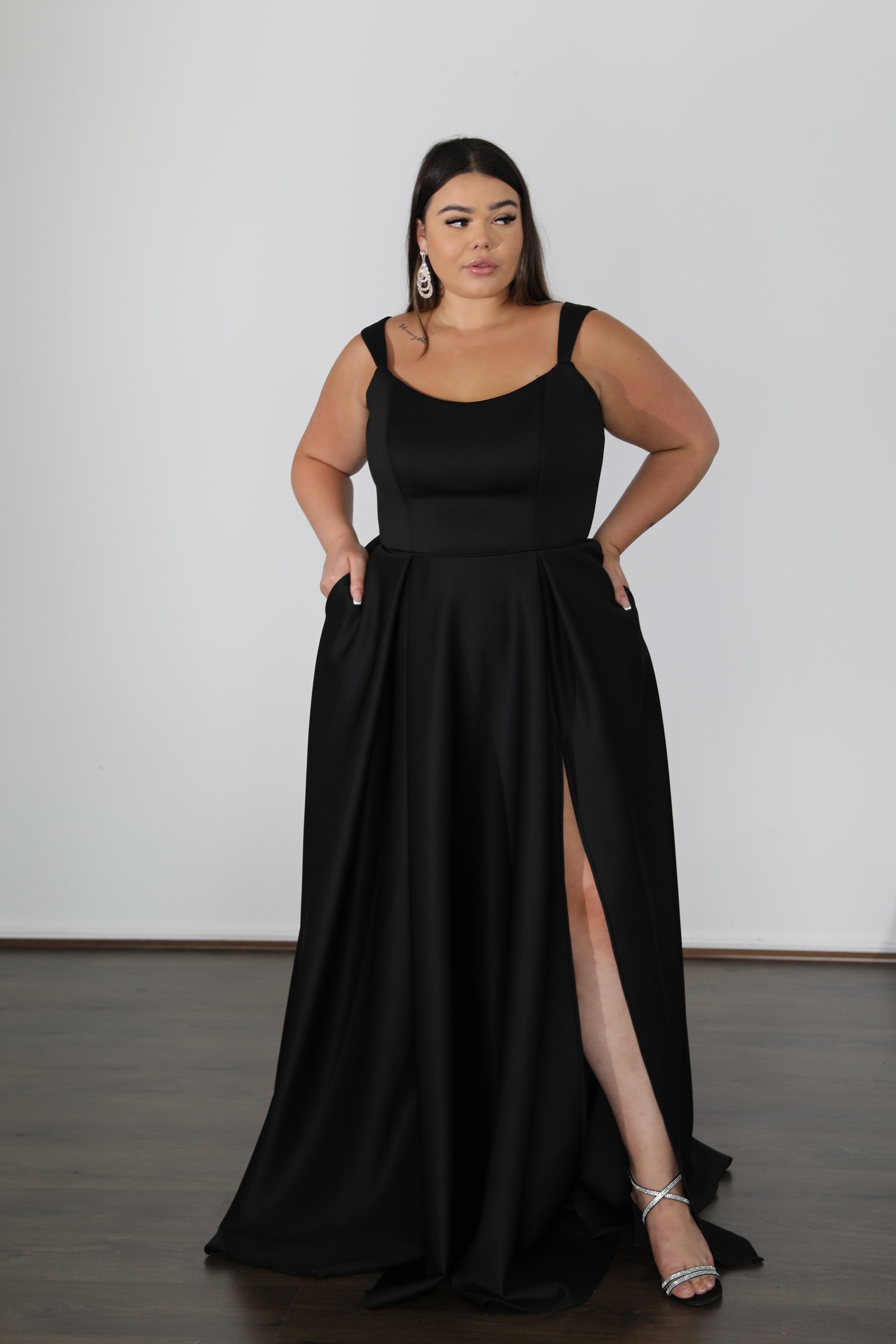 HAYLEY Plus Size Curve Size school formal dress with thigh-high split and curved neckline, Brisbane to Gold Coast, Australia.