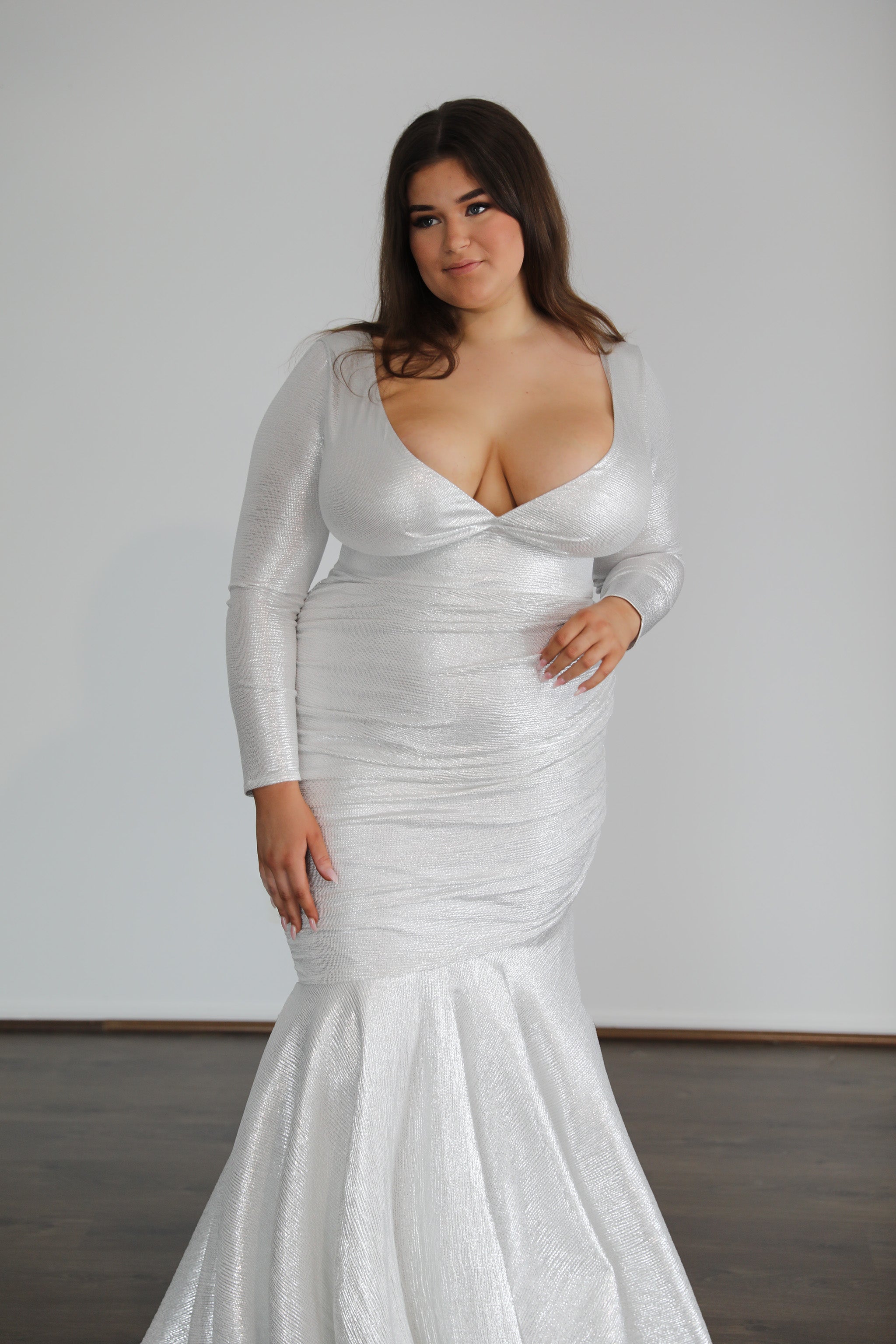ASHLEY Shimmer Curve & Plus Size Formal Dress with ruched skirt and wide V neckline, ideal for school formal, Brisbane to Gold Coast.