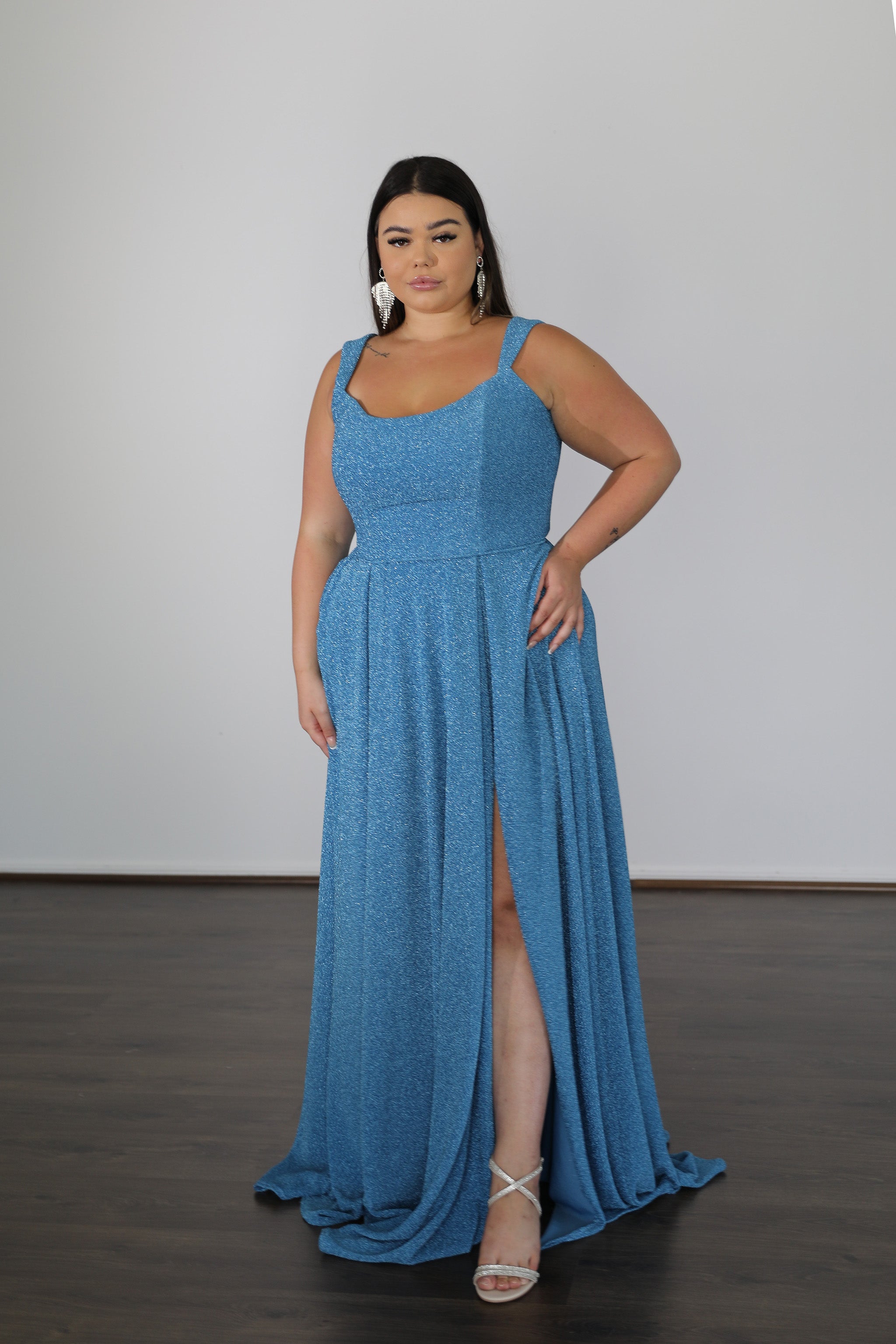 HAYLEY Metallic Jersey Curve & Plus Size Dress with tapered straps, thigh-high split evening gown. Brisbane to Gold Coast, Australia.