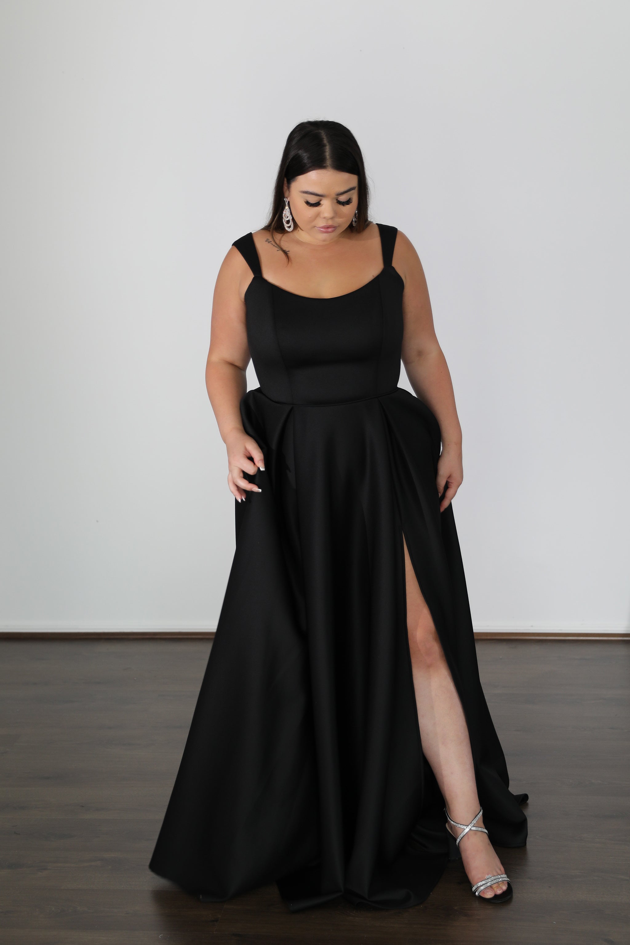 HAYLEY black school formal dress with curved neckline, high back, and thigh-high slit. Plus size, curve size. Brisbane to Gold Coast, Australia.