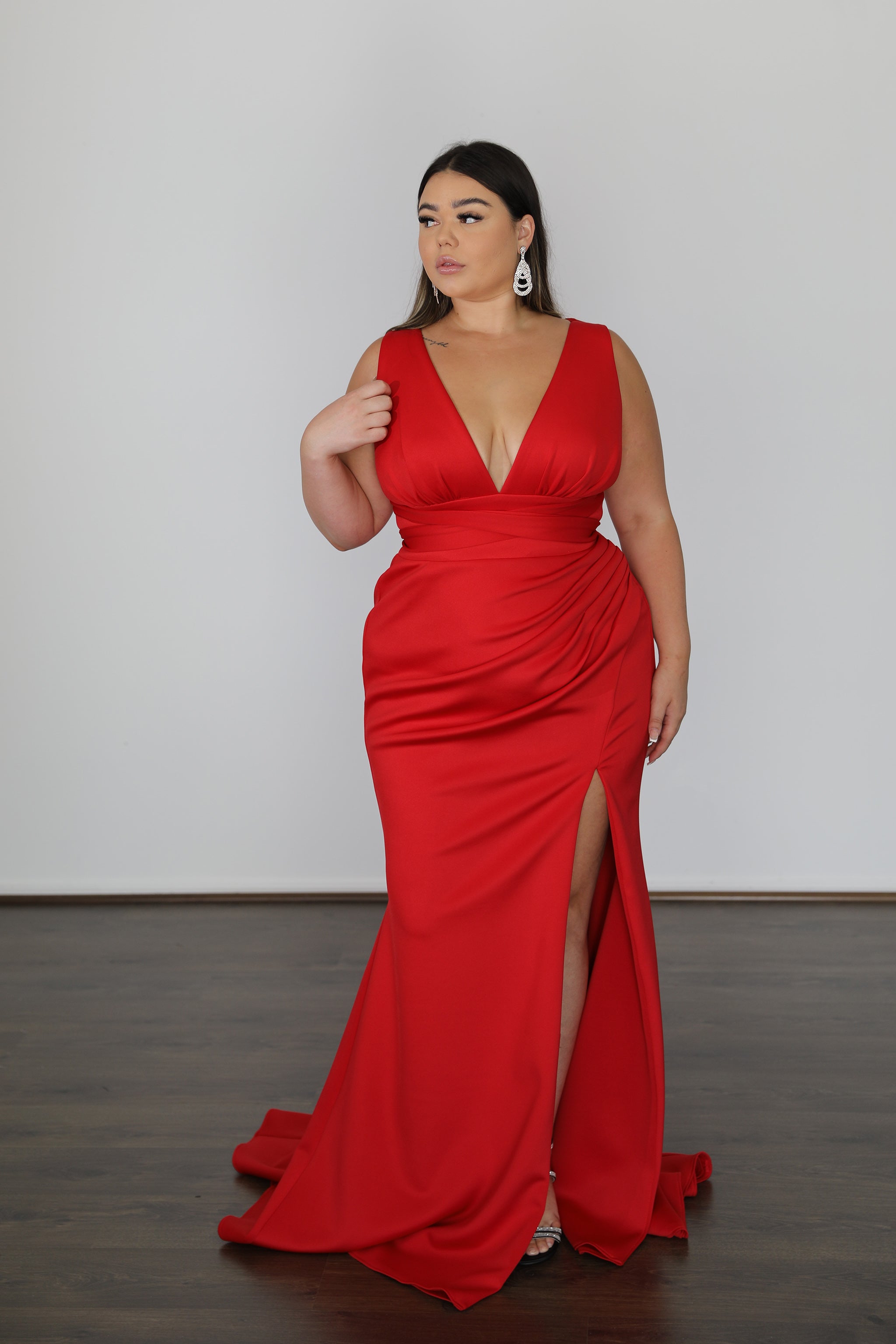 GEMMA scuba dress with thigh-high slit, stunning V-neckline, plus size evening gown. Curve Size. Brisbane to Gold Coast, Australia.