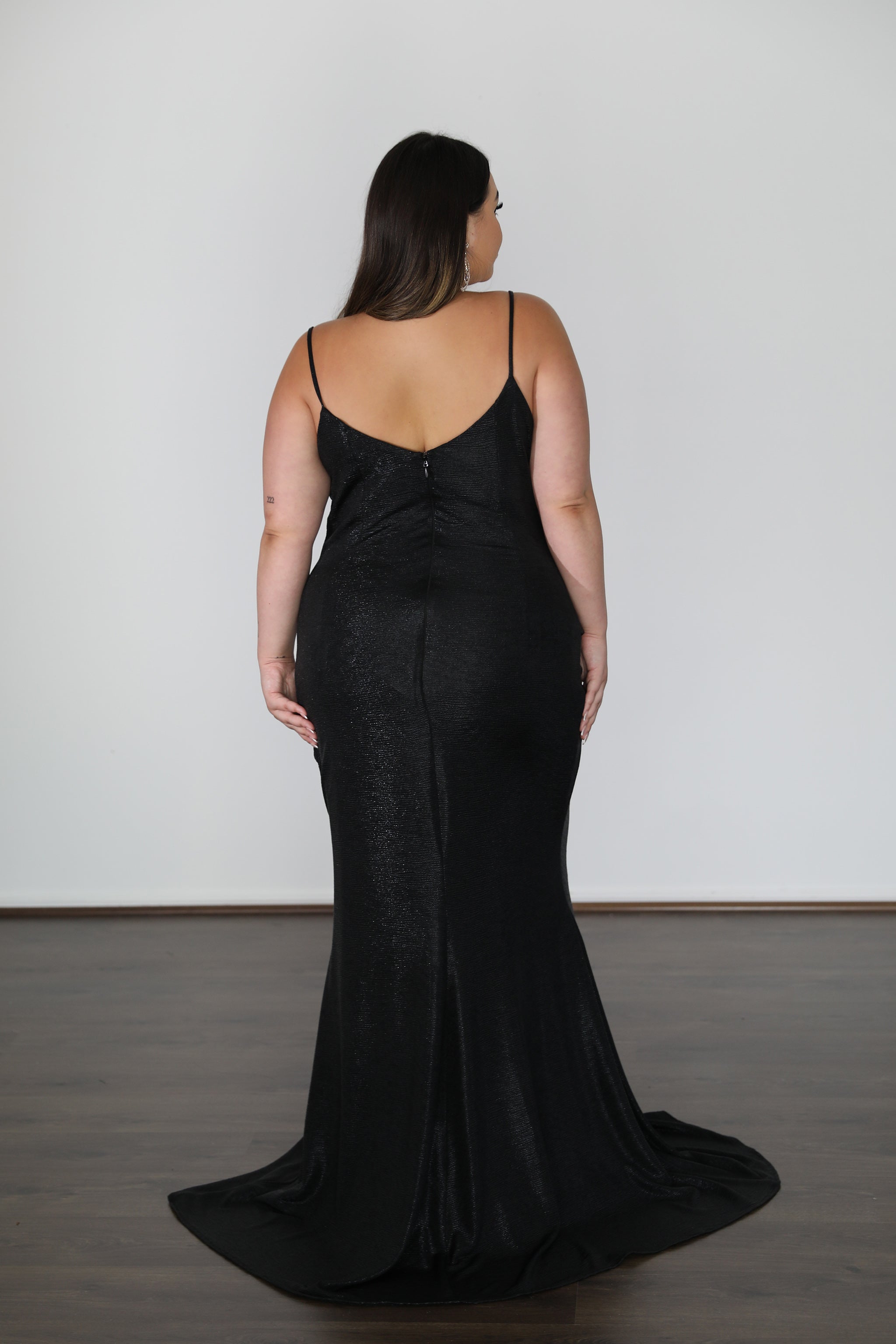 ISSY Stretch Shimmer Curve School Formal Dress with cowl neckline, plus size, sleek design, Brisbane to Gold Coast.