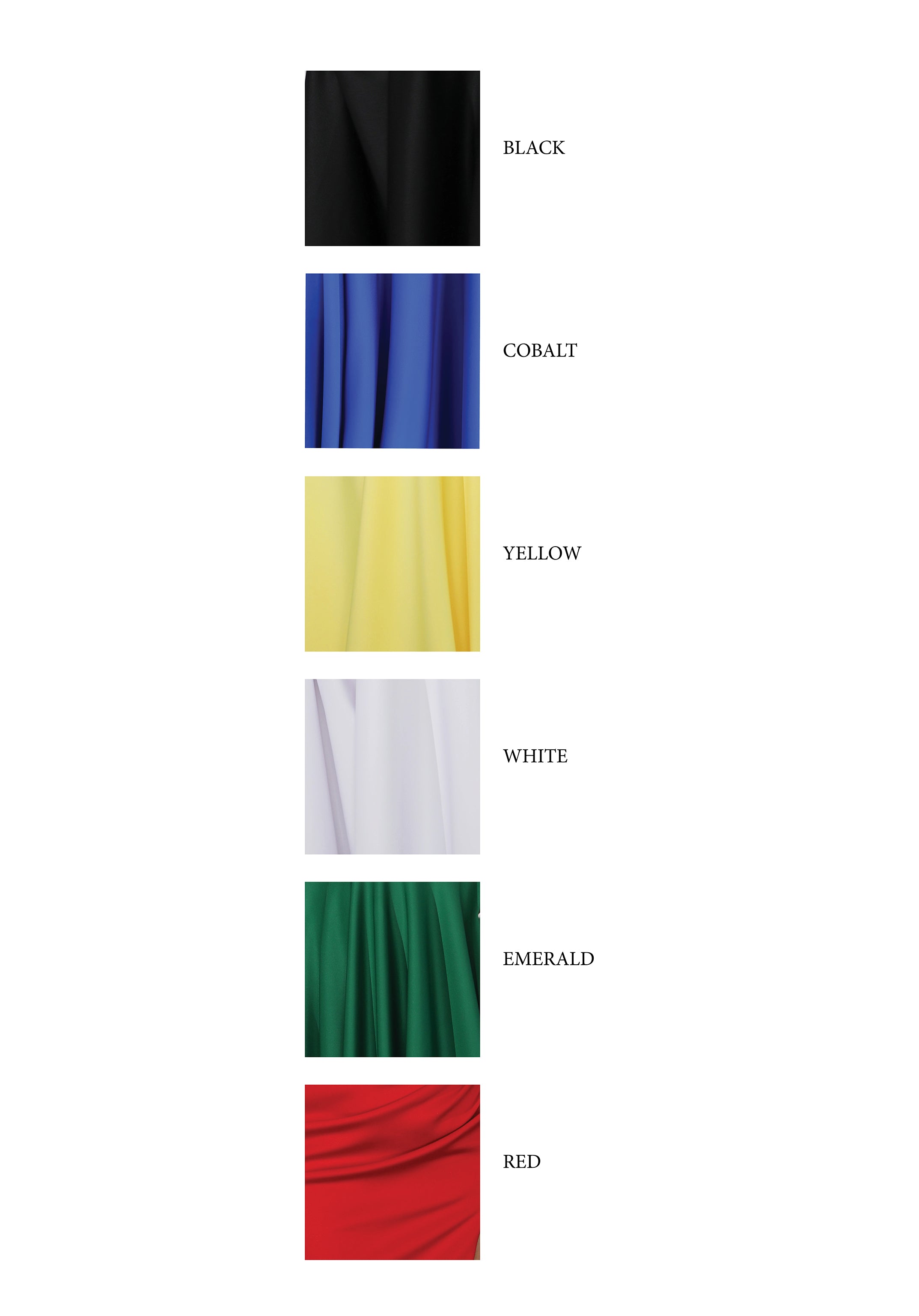 Fabric swatches in colors: black, cobalt blue, yellow, white, emerald green, and red.