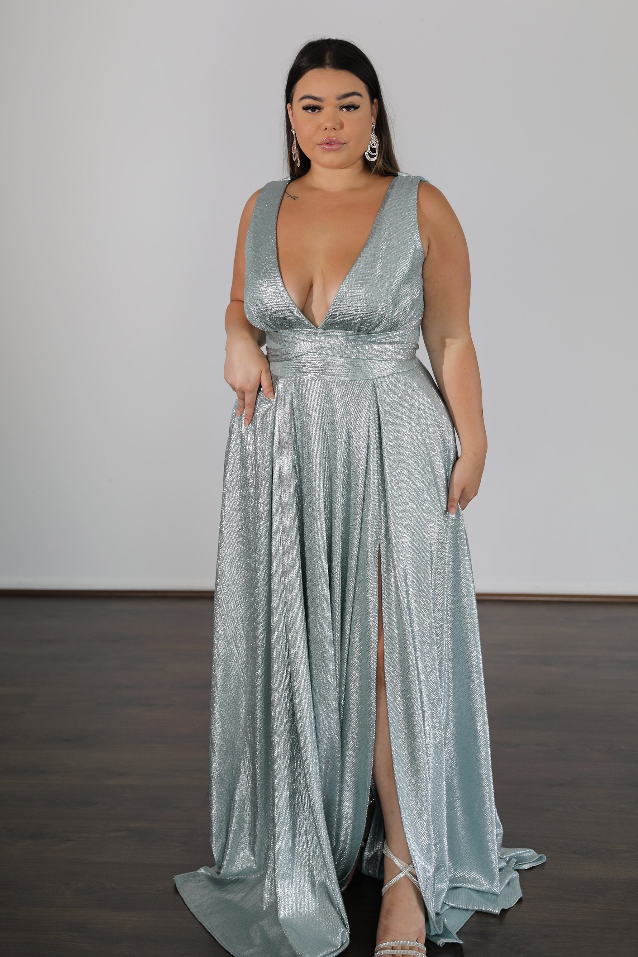 LEXA Stretch Shimmer school formal dress with plunging V-neckline and fully pleated skirt, plus size, curve size, Brisbane to Gold Coast.