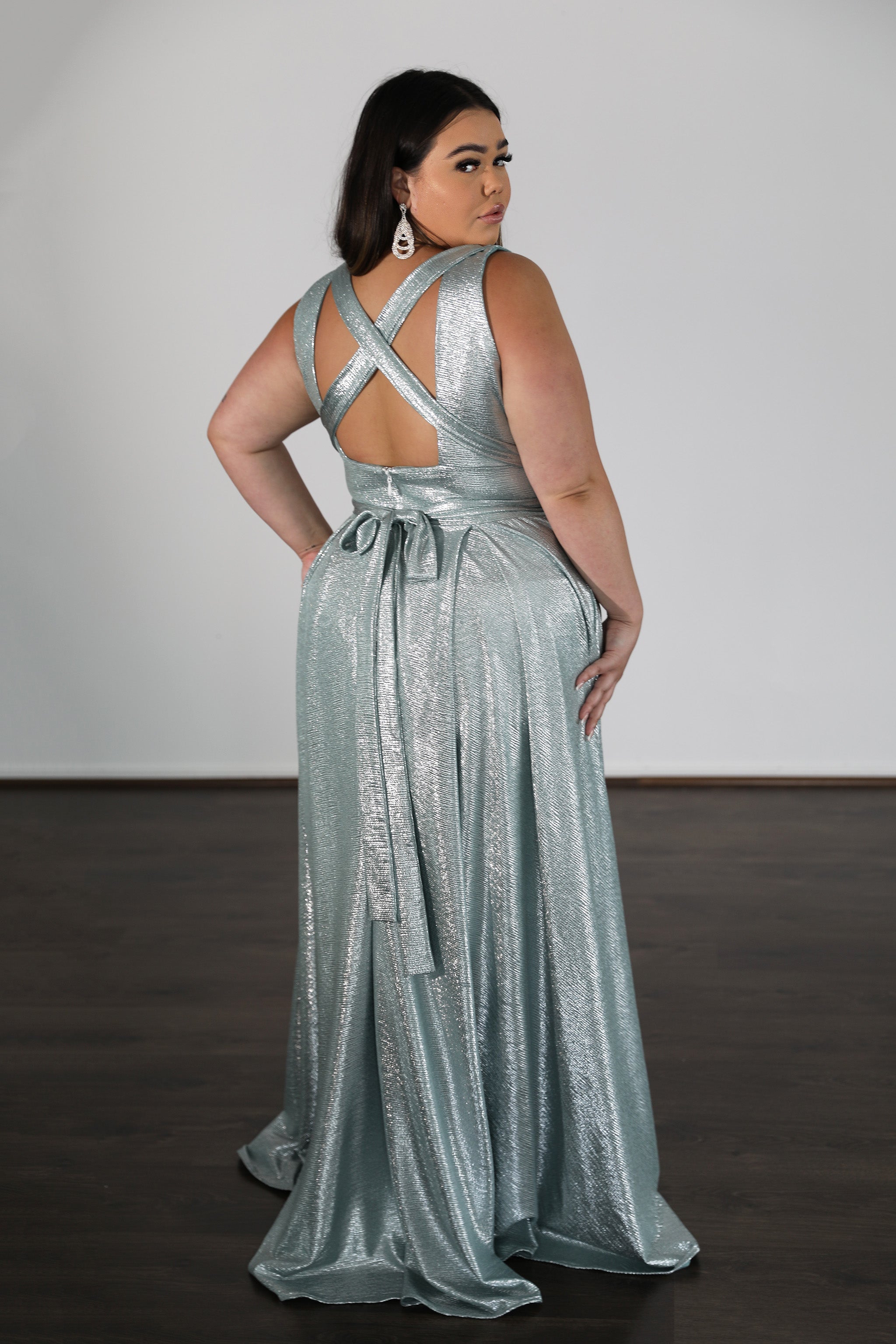 LEXA shimmer A-line school formal dress with cross-over back straps. Plus and Curve Size. Perfect for Brisbane to Gold Coast.