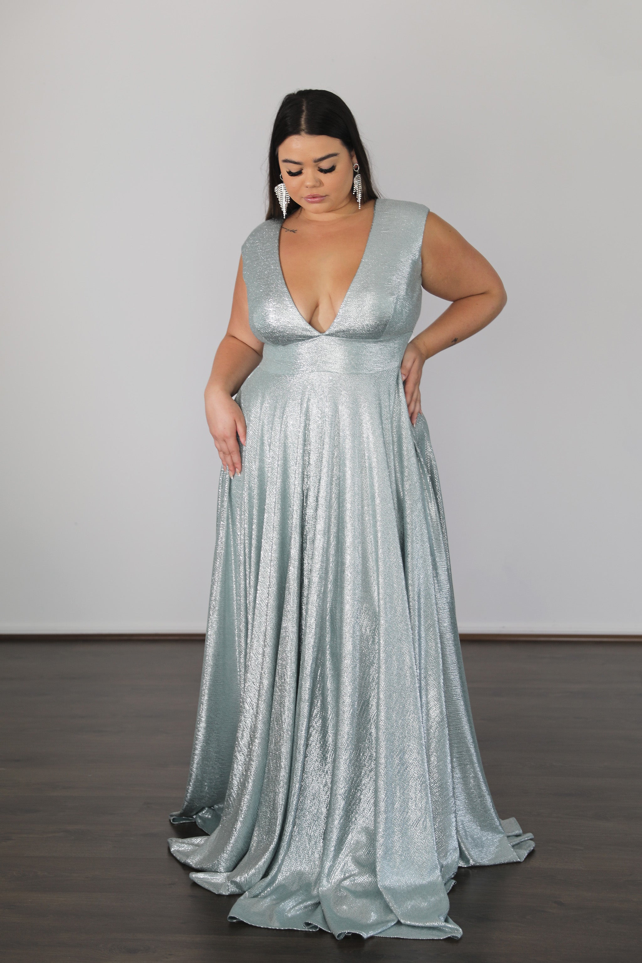 SABRINA stretch shimmer evening gown with plunging V-neckline, Curve Size, Plus Size. Brisbane to Gold Coast, Australia.