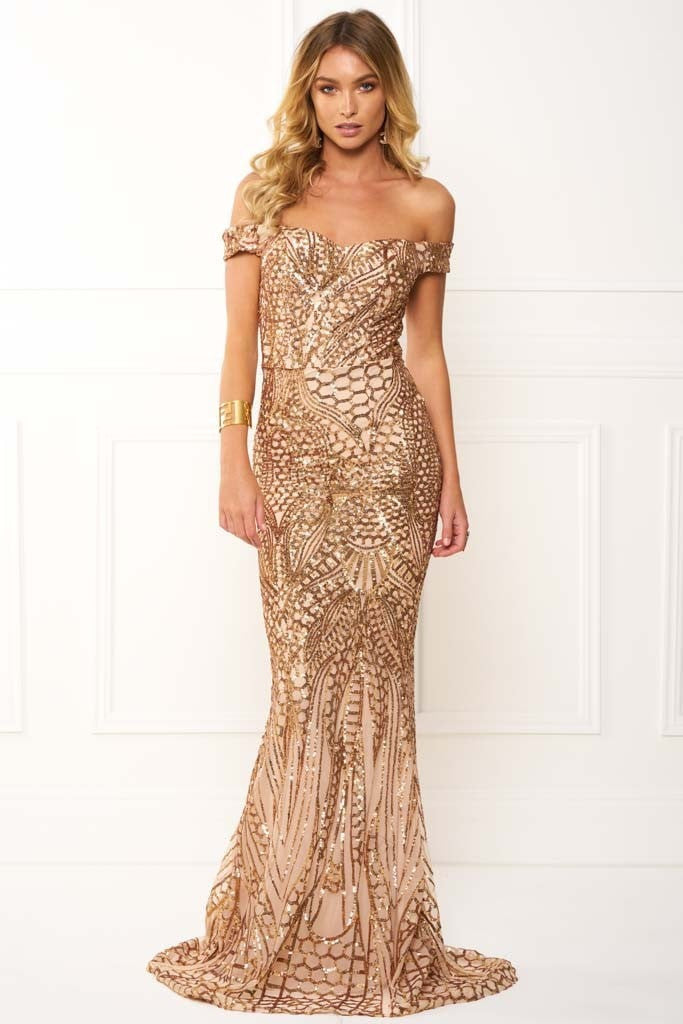 HAILEY Rose Gold Sequin Off Shoulder Evening Gown by Honey Couture, Australian Designer Prom Dress, Affordable, Elegant Figure Hugging Style.