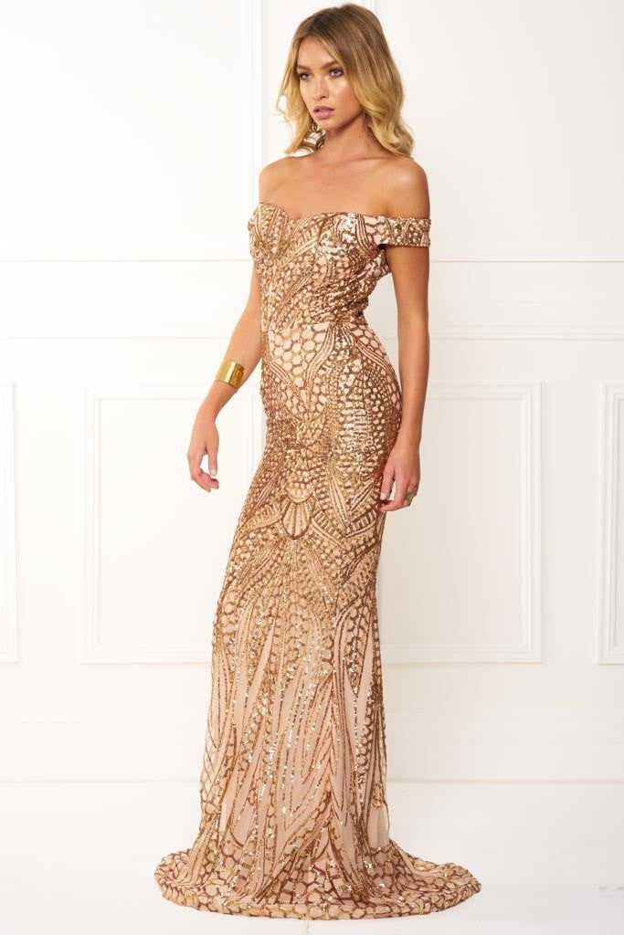 Honey Couture HAILEY Rose Gold Sheer Sequin Off Shoulder Evening Gown Dress Honey Couture$ AfterPay Humm ZipPay LayBuy Sezzle