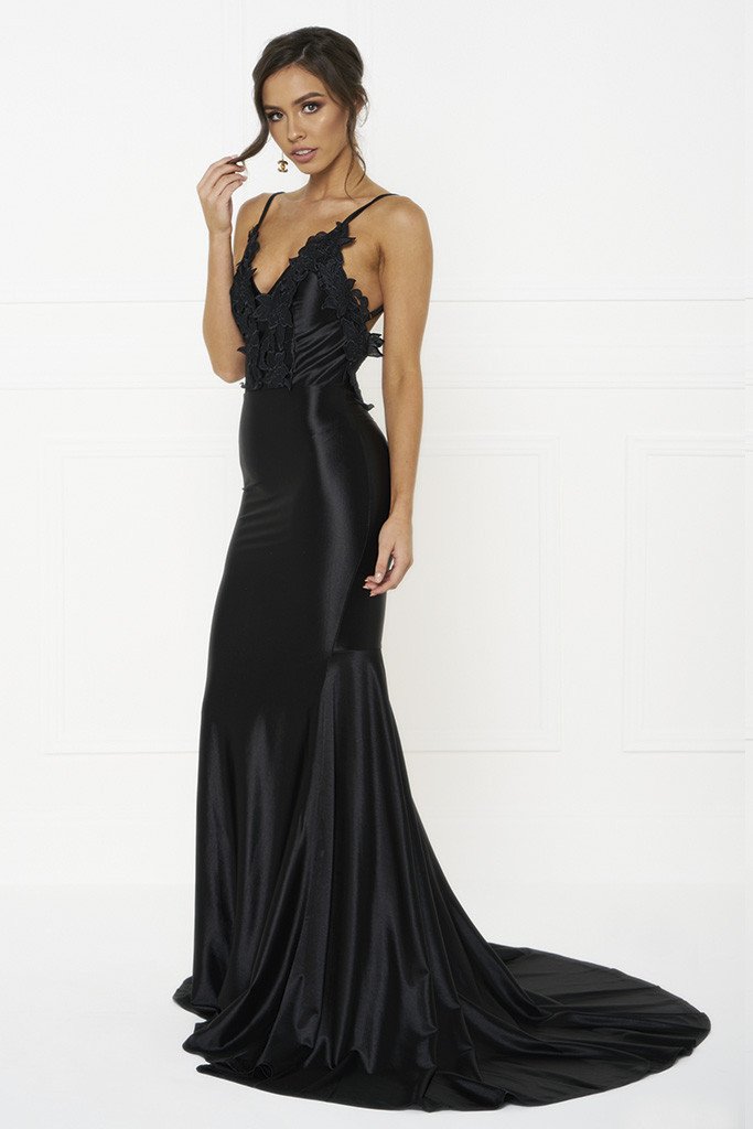 Honey Couture PENELOPE Black Applique Formal Gown Dress Honey Couture$ AfterPay Humm ZipPay LayBuy Sezzle