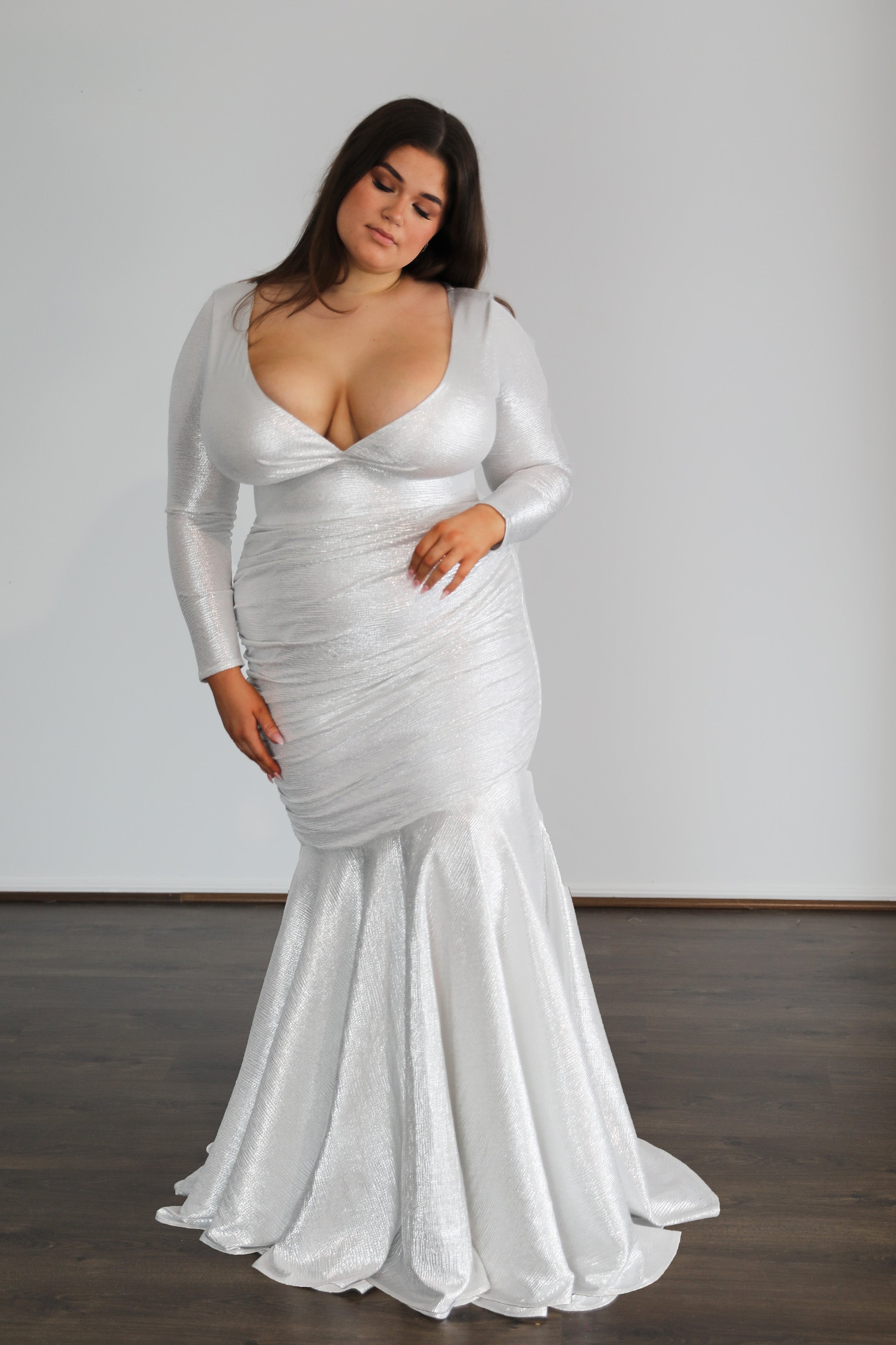 ASHLEY Shimmer Curve Plus Size Dress with ruched skirt, low V neckline, evening gown, Brisbane to Gold Coast, Australia.