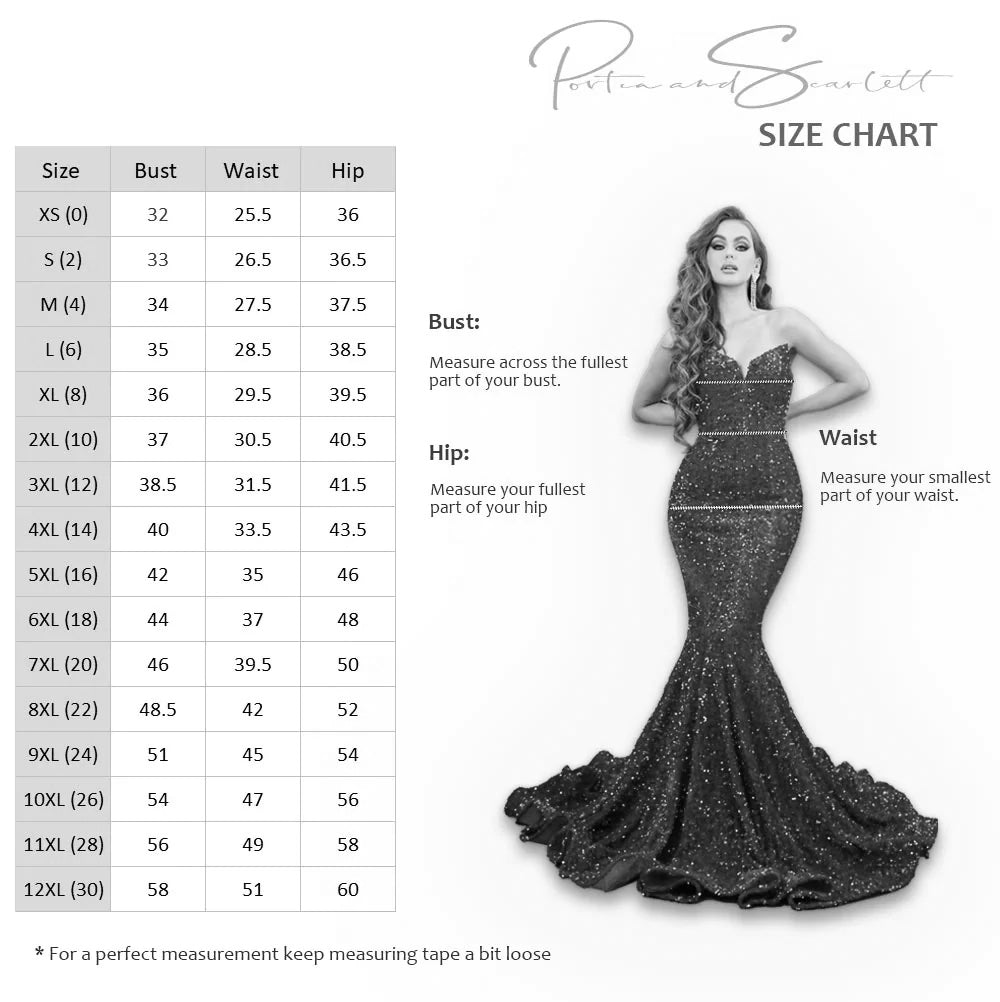 PORTIA & SCARLETT PS21228 emerald green sequin lace gown with feathered train shown in size chart next to model. Brisbane to Gold Coast, Australia.