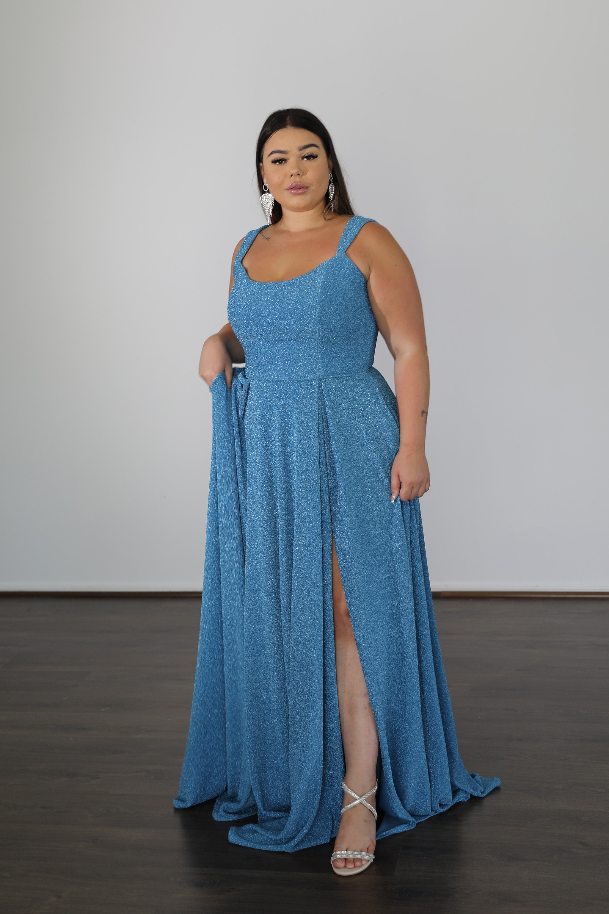 HAYLEY metallic jersey dress with tapered straps and thigh-high split, evening gown, Plus Size, Curve Size, Brisbane to Gold Coast.