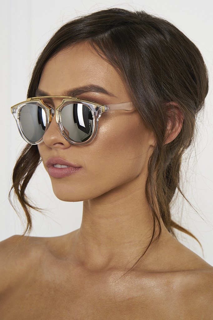 Honey Couture STACEY Gold & Clear Frame Silver Reflective Sunglasses Honey Couture Sunglasses$ AfterPay Humm ZipPay LayBuy Sezzle