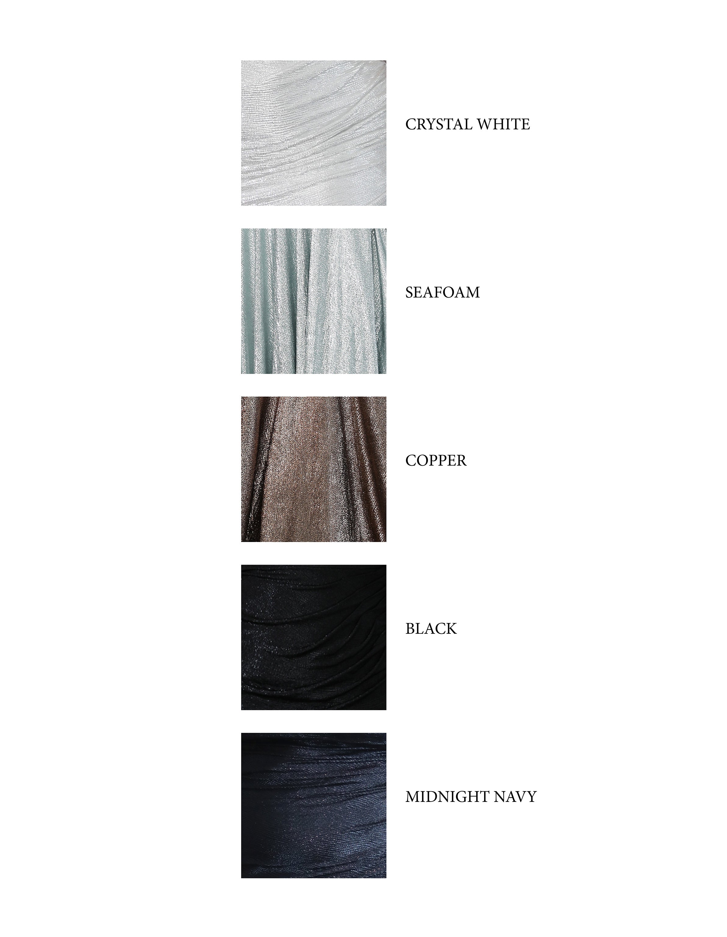 Fabric swatches in Crystal White, Seafoam, Copper, Black, and Midnight Navy for Ashley Shimmer Curve & Plus Size Formal Dress.