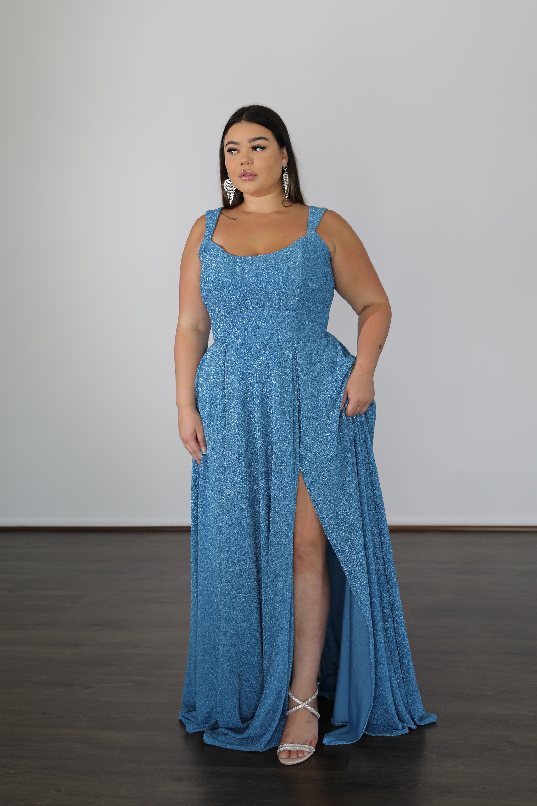 Alt Tag: HAYLEY metallic jersey dress with chic tapered straps and thigh-high split, plus size evening gown. Brisbane to Gold Coast.