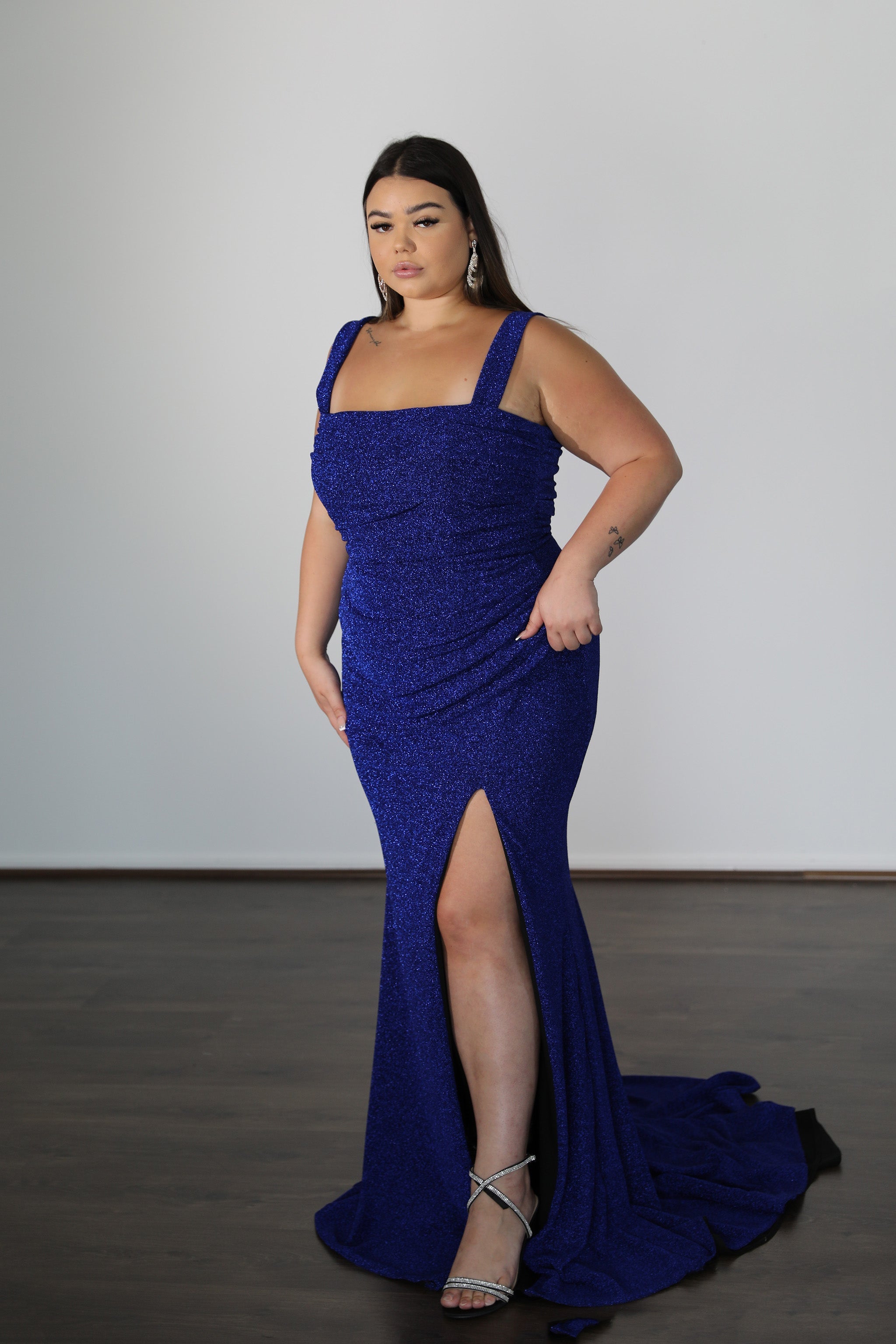 AMBER metallic jersey formal dress in vibrant blue with ruched details and thigh-high split, plus size, curve size evening gown, Brisbane to Gold Coast.