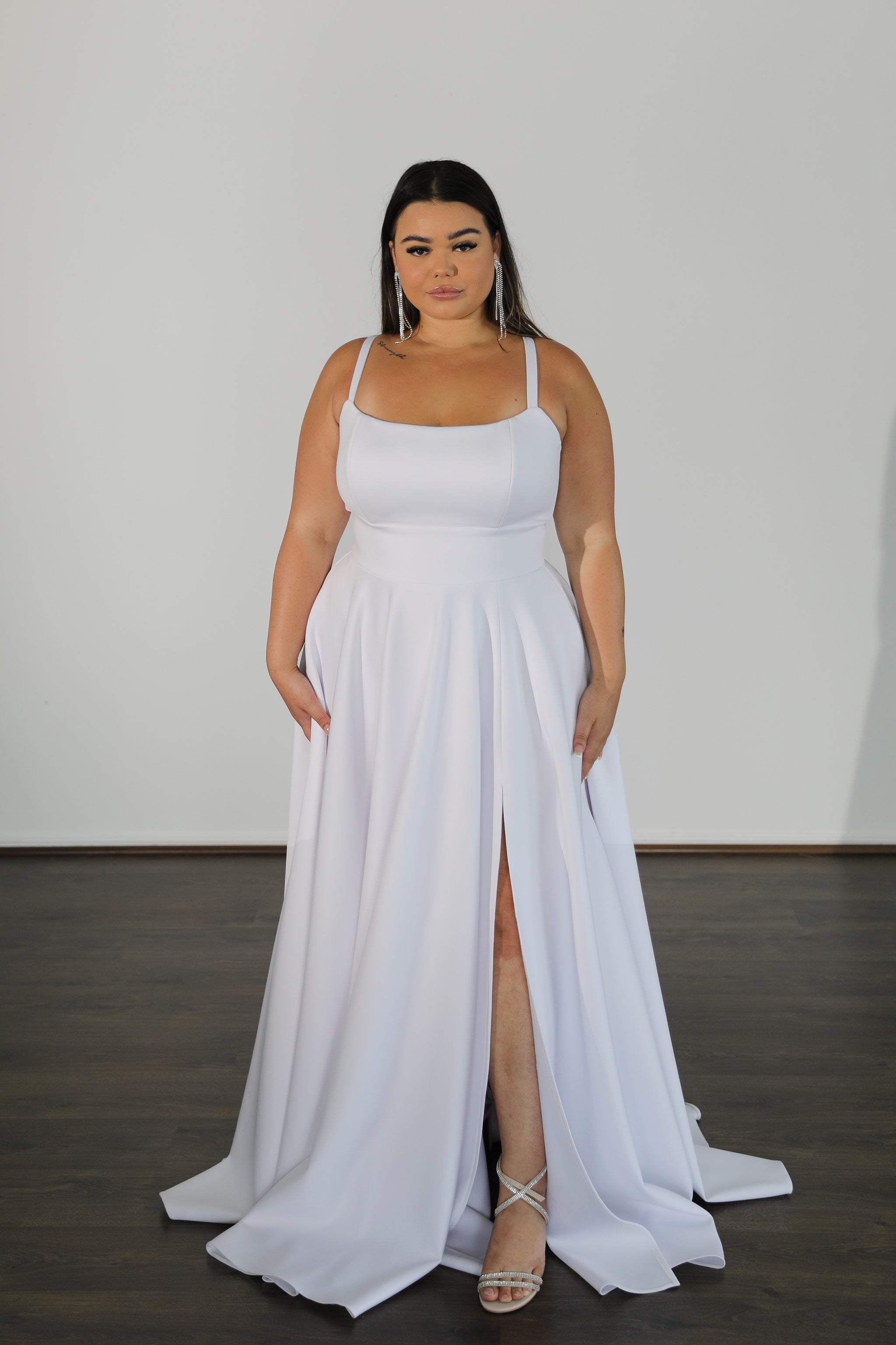 KAT Plus Size Formal Dress with U-neckline and thigh-high slit, ideal for evening wear, Curve Size. Brisbane to Gold Coast, Australia.