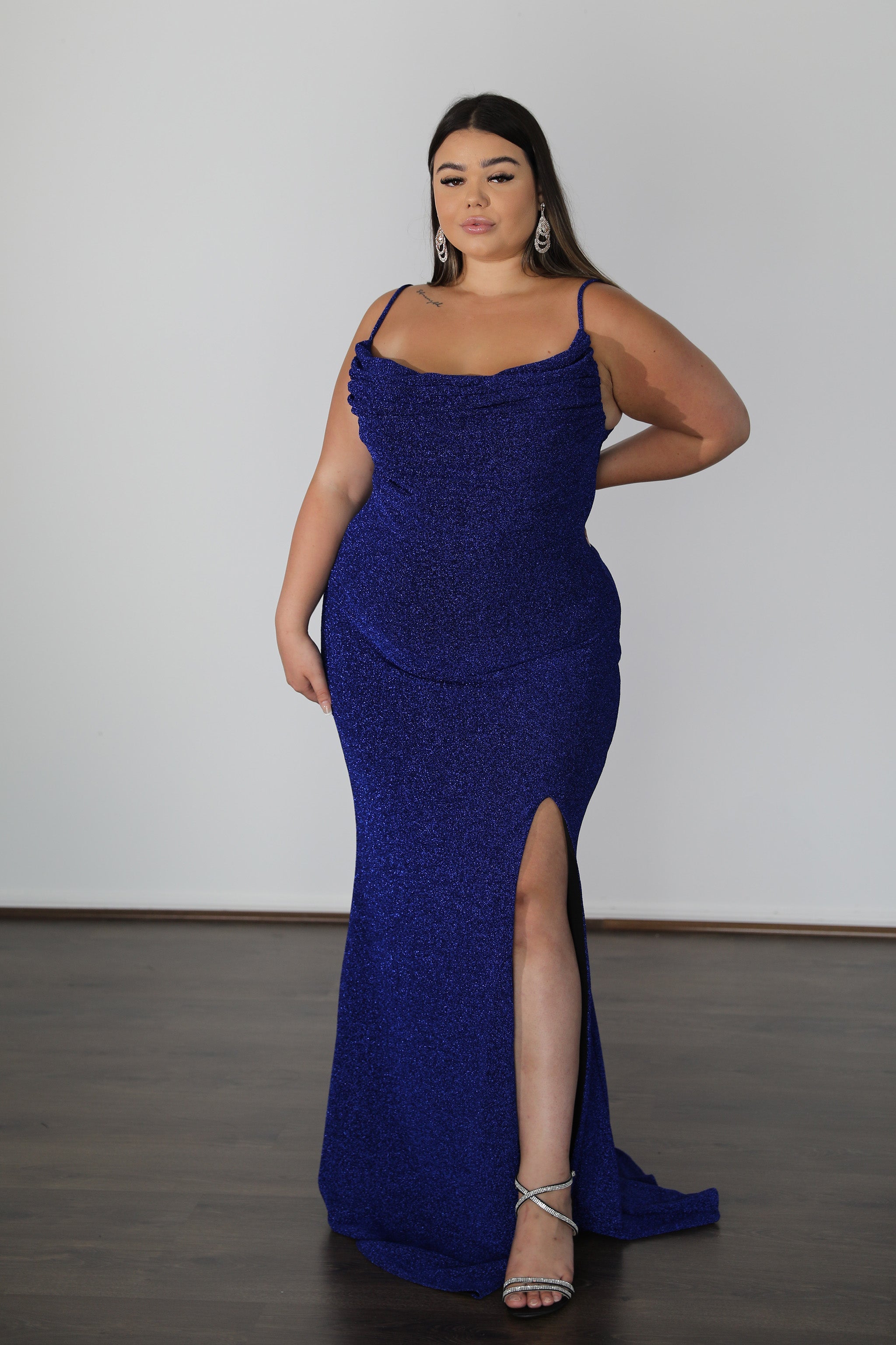 ISSY Metallic Jersey Dress with cowl neckline and side slit, Curve Size school formal gown. Plus Size elegance from Brisbane to Gold Coast.