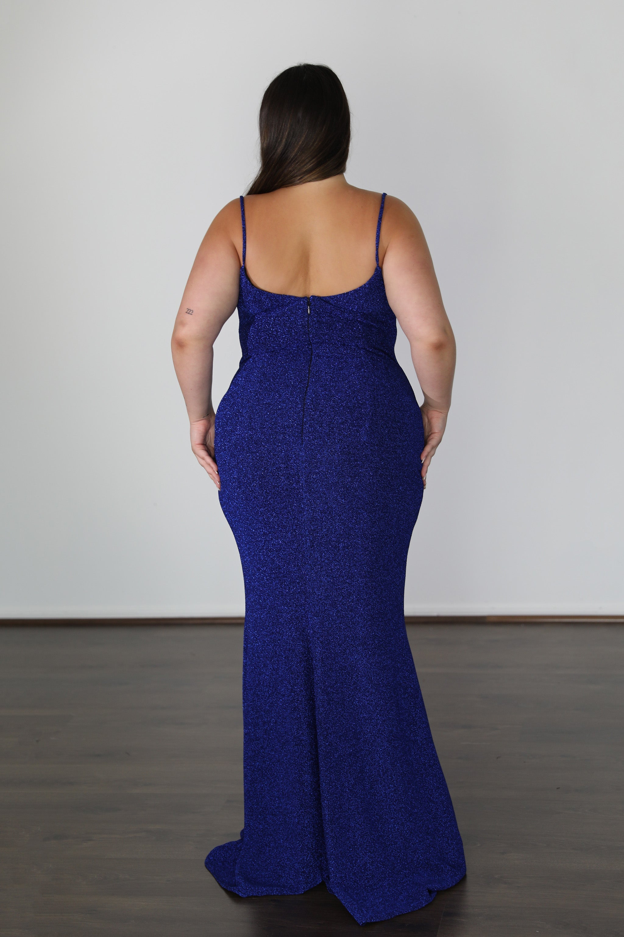 ISSY Metallic Jersey School Formal Gown with cowl neckline, Plus Size, Curve Size, from Brisbane to Gold Coast, Australia.