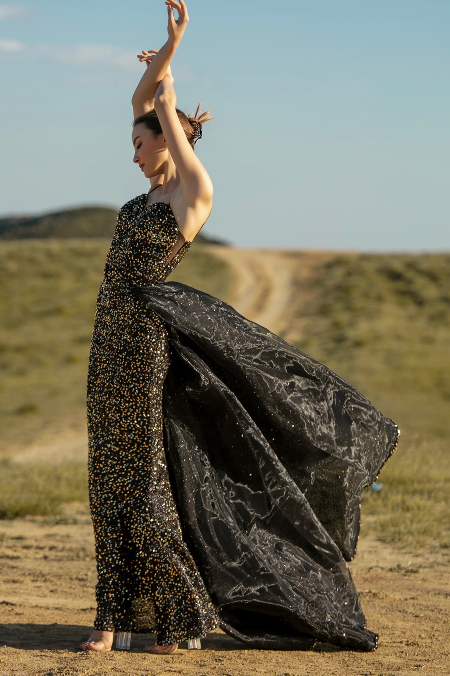 TINA HOLLY COUTURE TK046 sequin formal dress with overskirt, off-shoulder neckline, school formal dress, Brisbane to Gold Coast