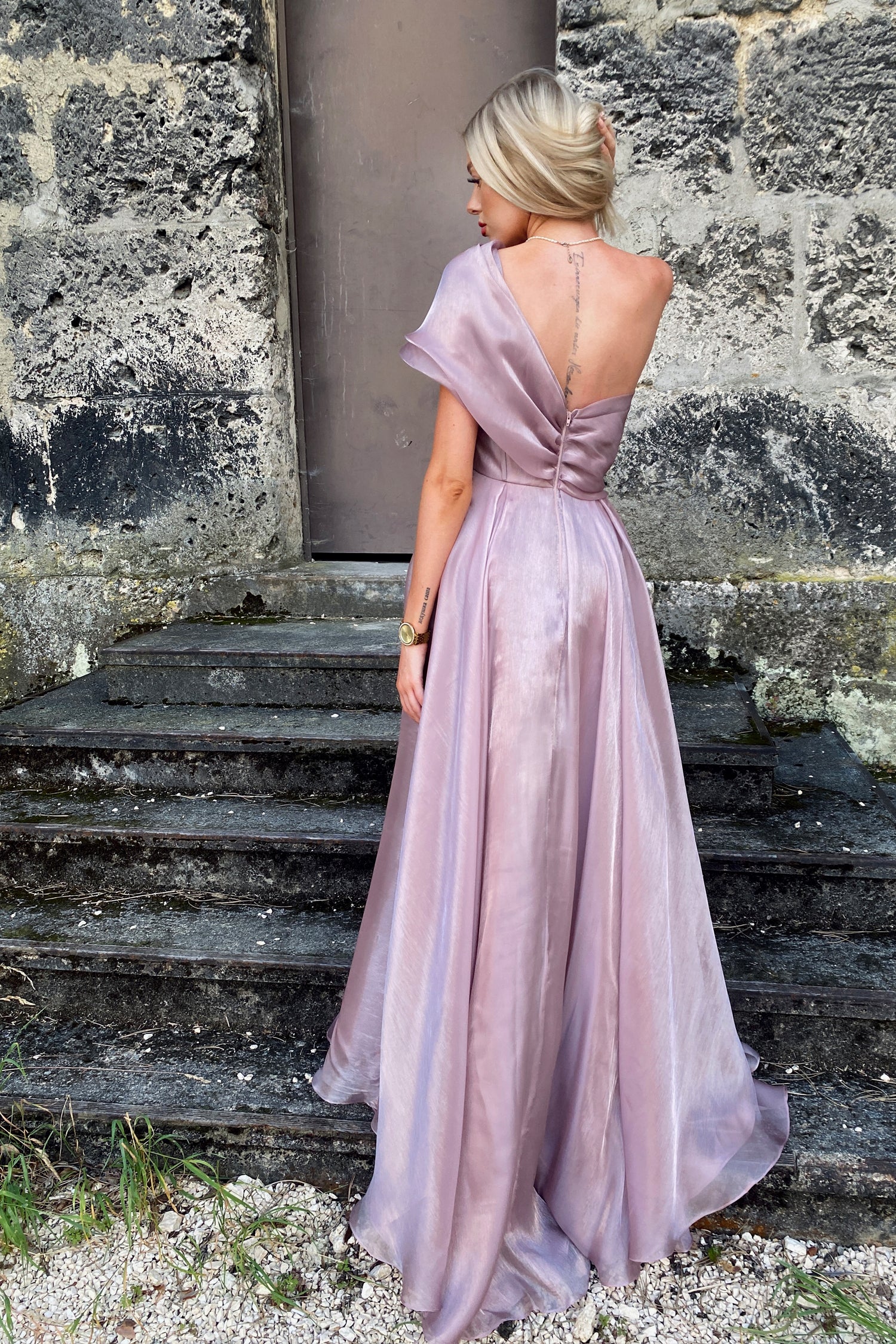 TINA HOLLY COUTURE TK055 one-shoulder metallic satin prom gown with pleated draped sleeve, Brisbane to Gold Coast, Australia.