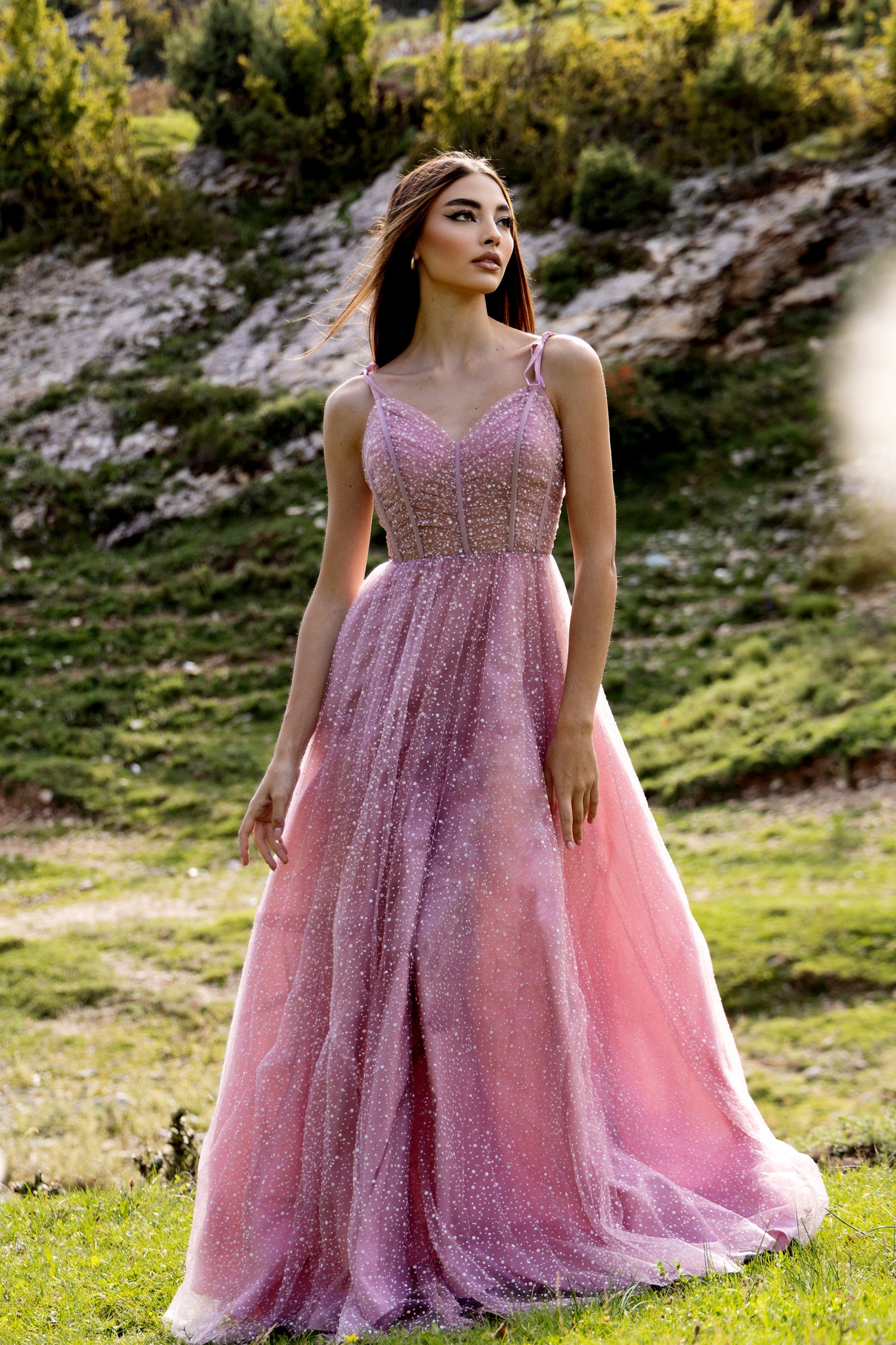 TINA HOLLY COUTURE TK311 pink sequin A-line prom gown with spaghetti straps, glitter detail. Brisbane to Gold Coast.