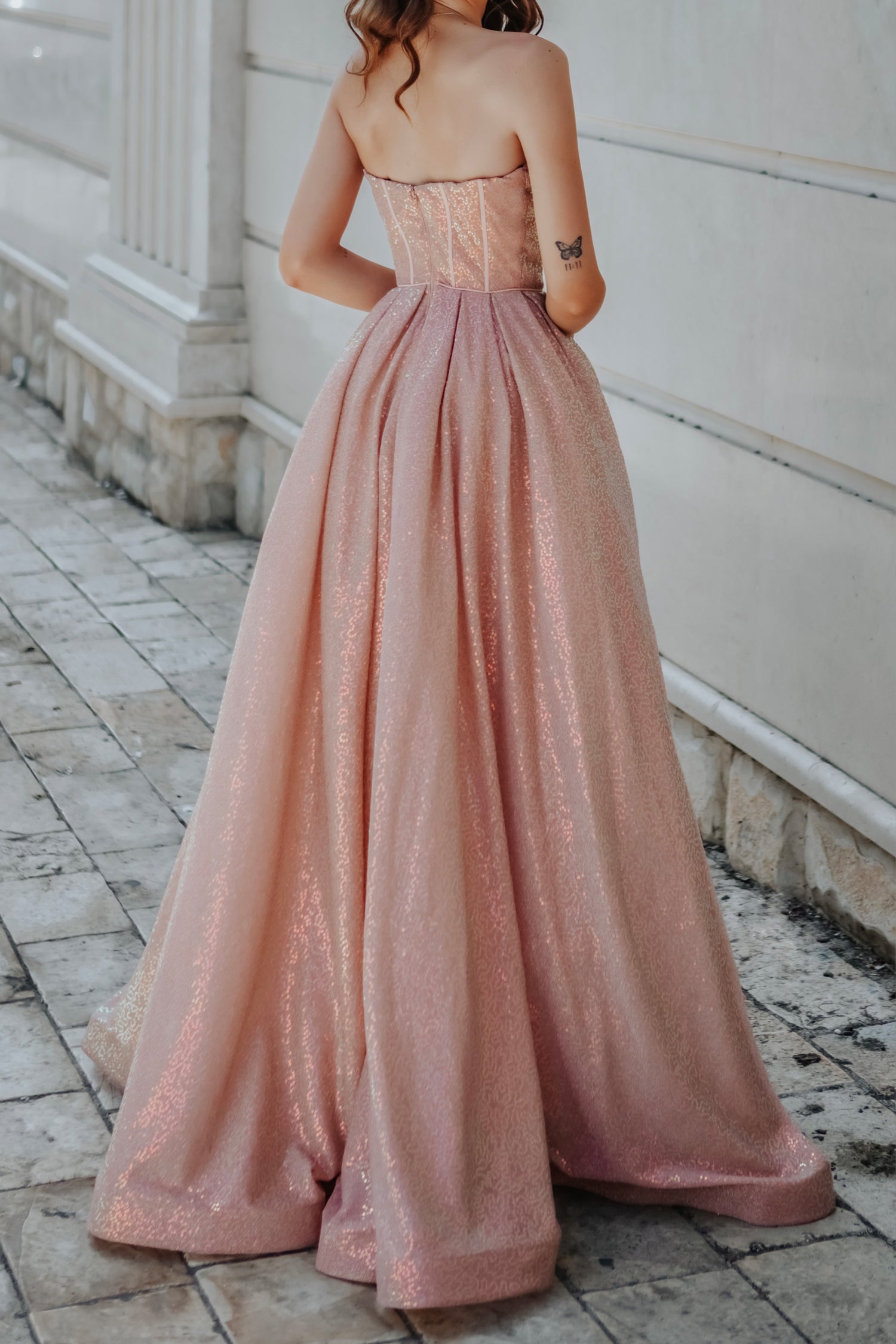 TINA HOLLY COUTURE TK313 Sequin strapless A-line formal dress with sweetheart neckline, pink hue. Brisbane to Gold Coast.