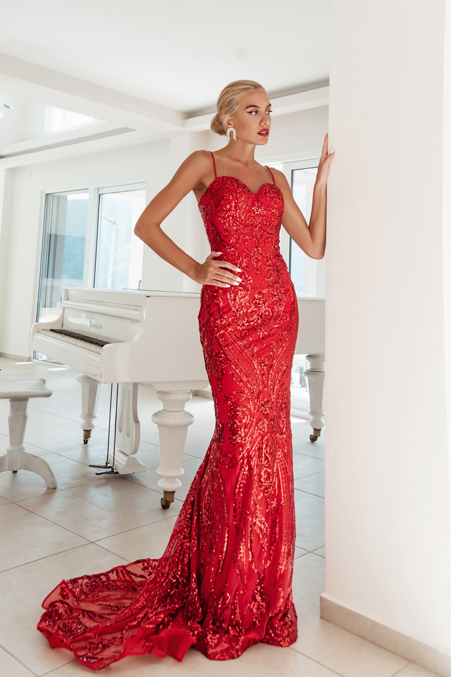 TINA HOLLY COUTURE BA999 Sequin Lace Mermaid Prom Gown with Sweetheart Neckline, Thin Straps, Elegant Red Dress Brisbane to Gold Coast