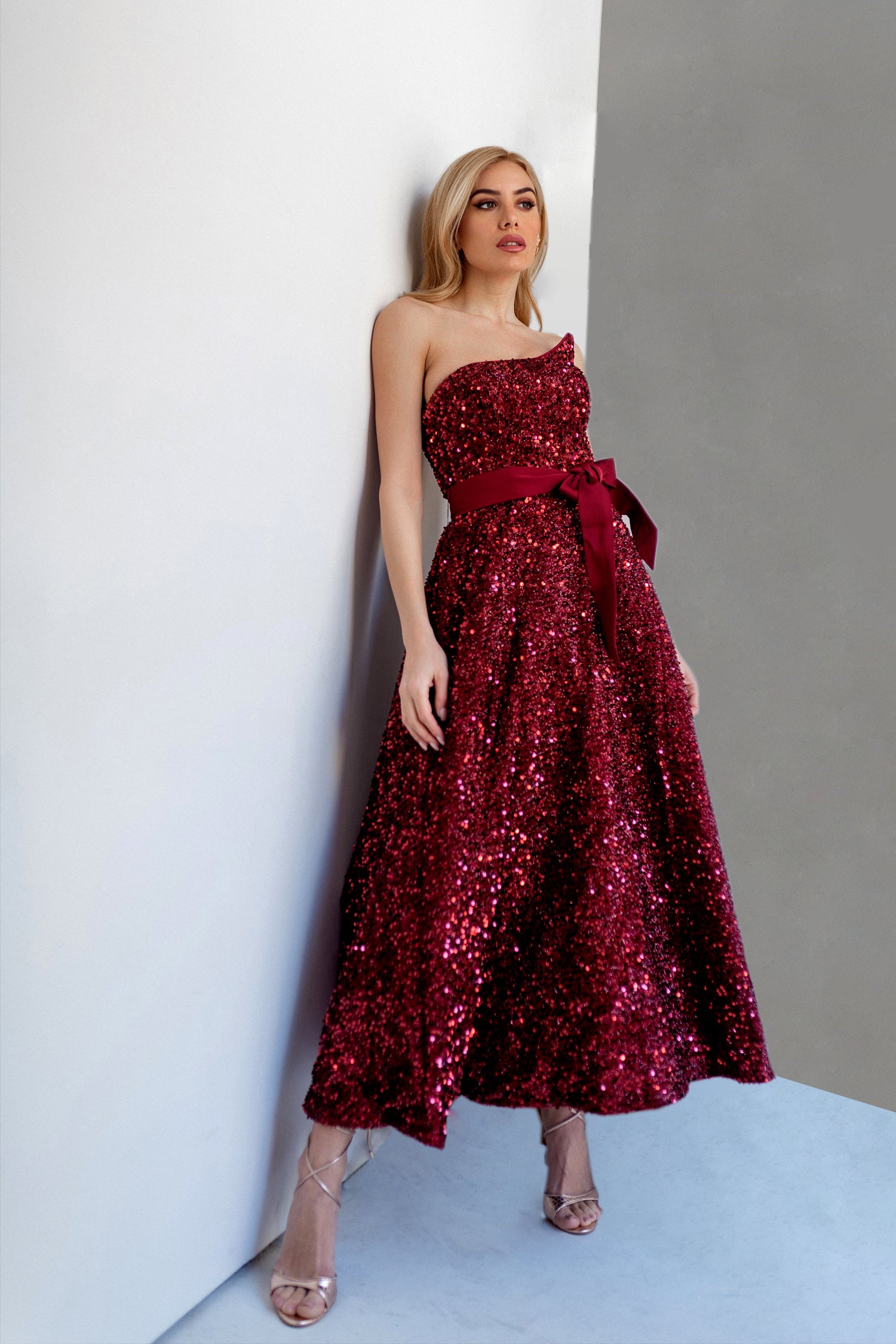 Tina Holly TK047 Sequin Strapless Tea-Length Dress