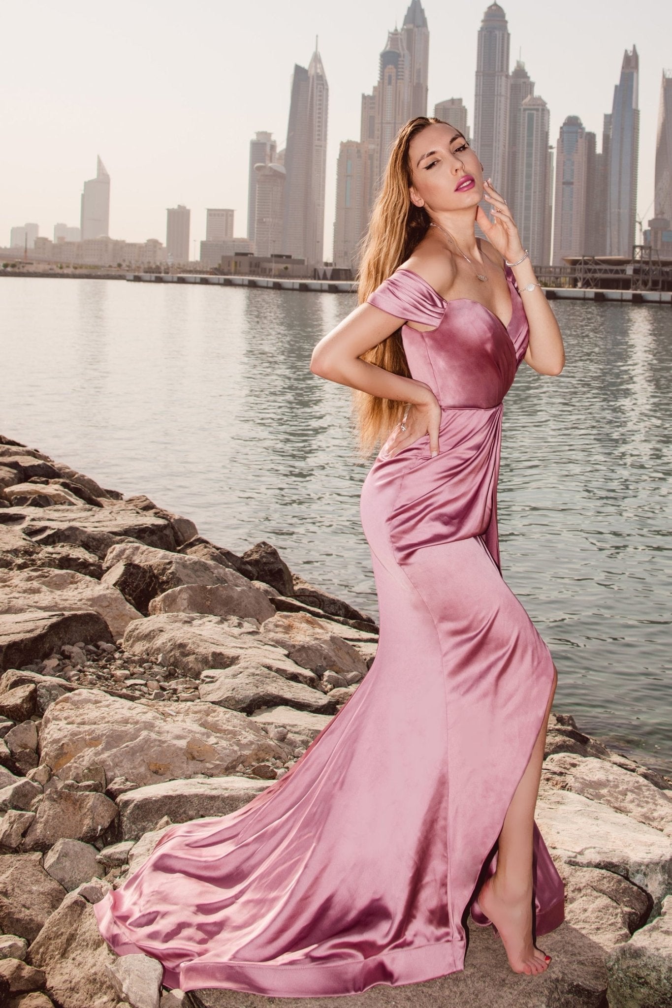 Tina Holly Couture TK016 Off The Shoulder Satin Mermaid Fitted Prom Dress in Australia | One Honey Boutique