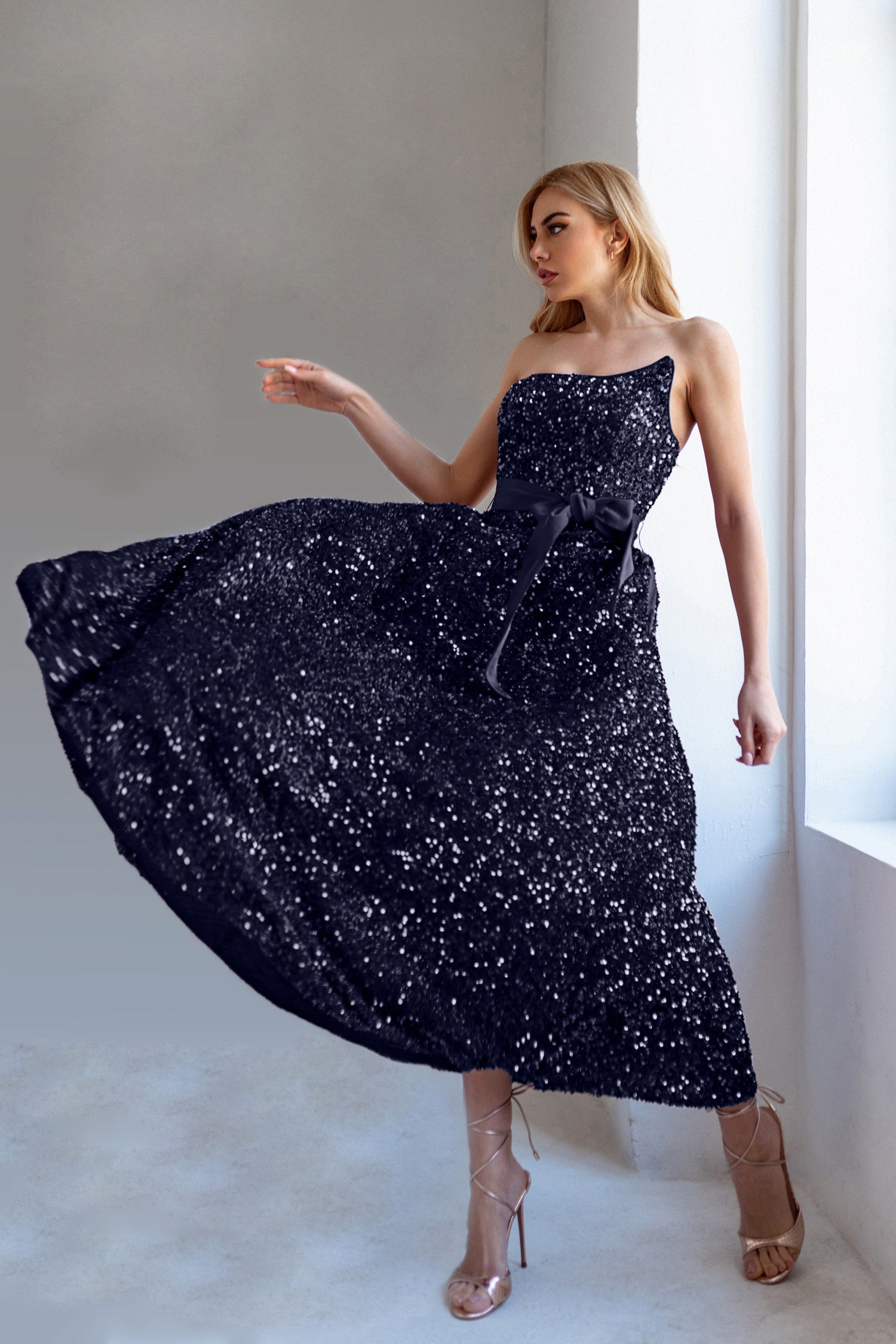 Tina Holly TK047 Sequin Strapless Tea-Length Dress