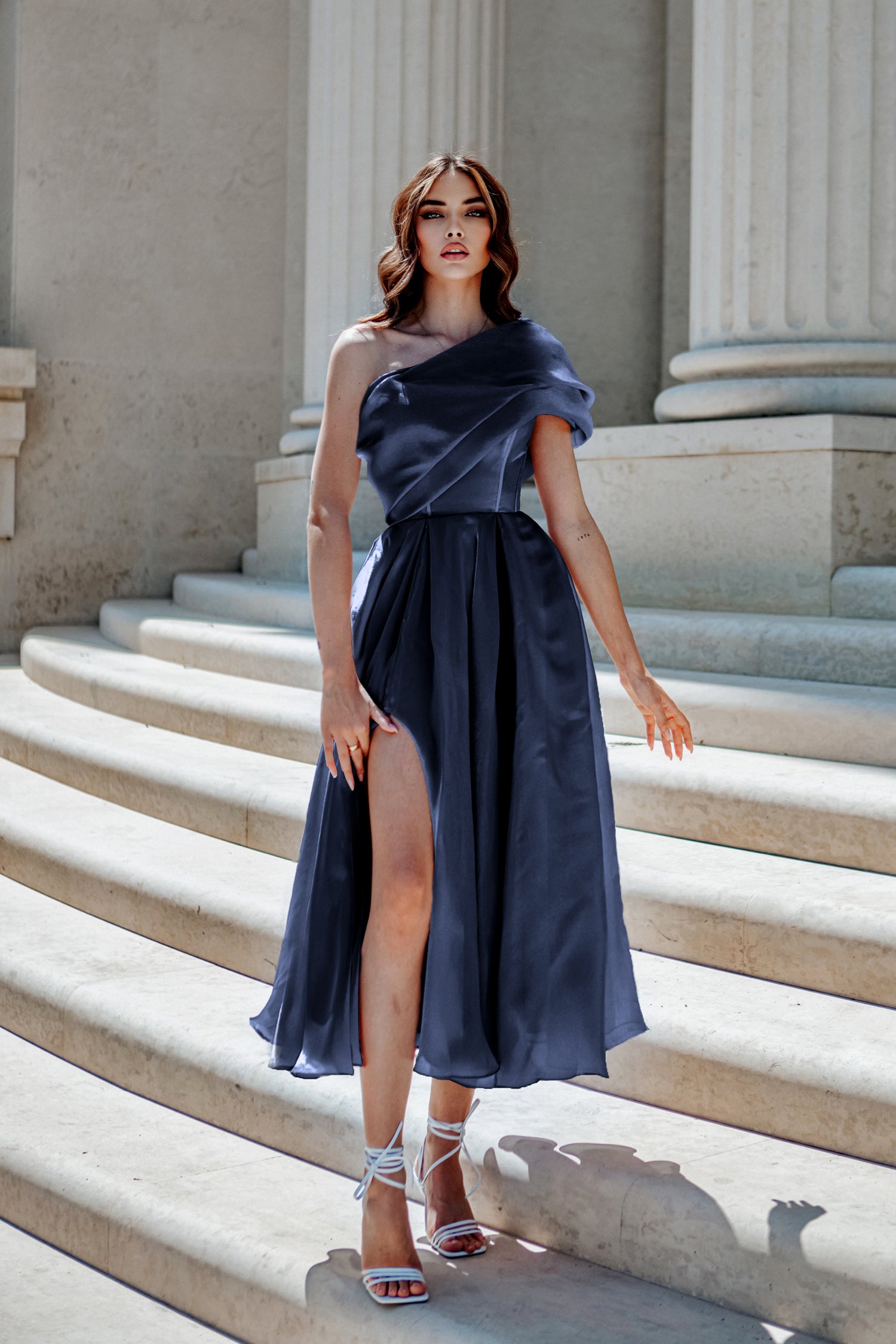 TINA HOLLY COUTURE TK315 one-shoulder satin midi dress with pleated draped sleeve, A-line style, Brisbane to Gold Coast, Australia