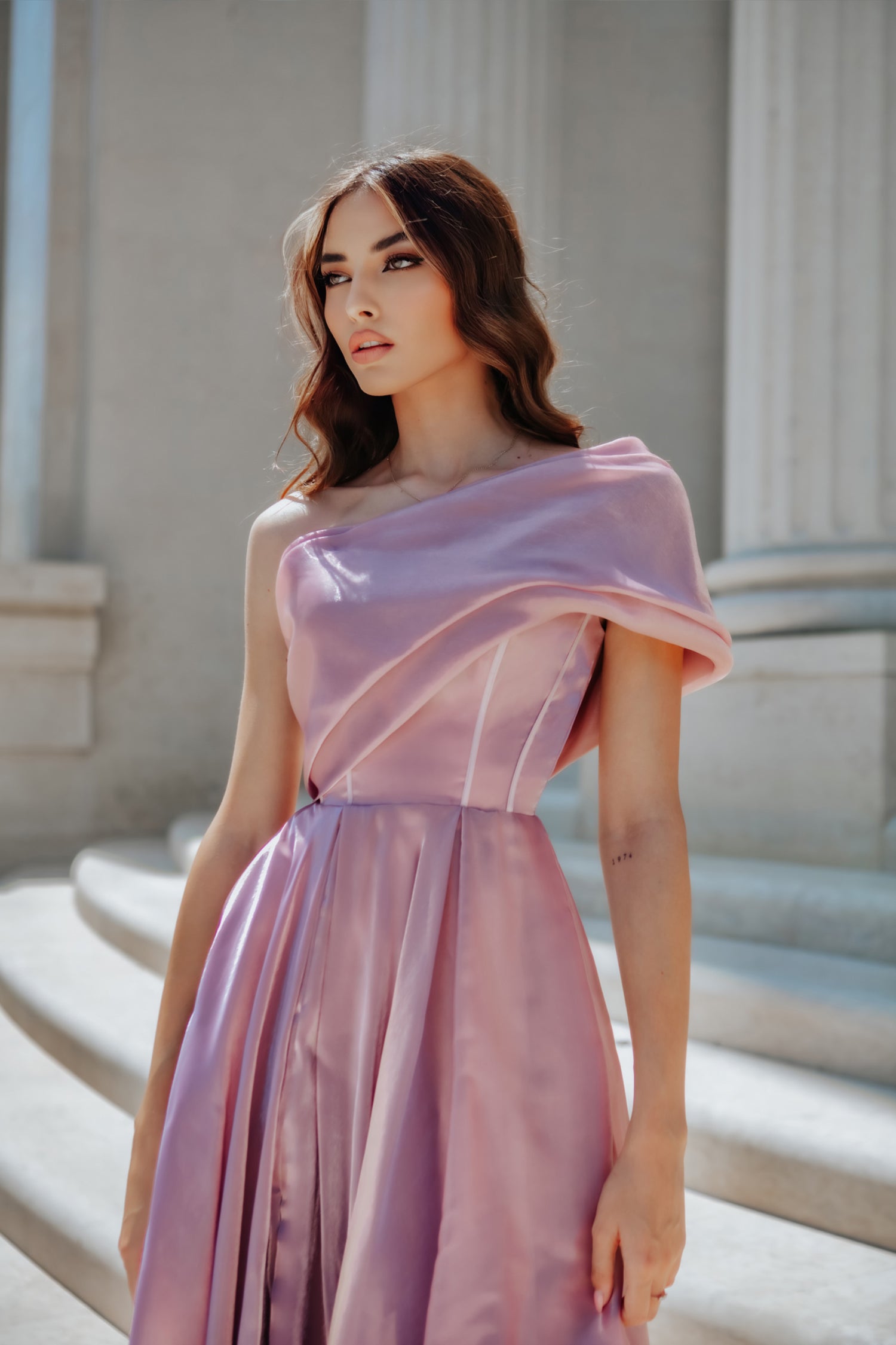 TINA HOLLY COUTURE TK315 one-shoulder satin A-line midi dress with pleated draped sleeve, perfect for formal events from Brisbane to Gold Coast.